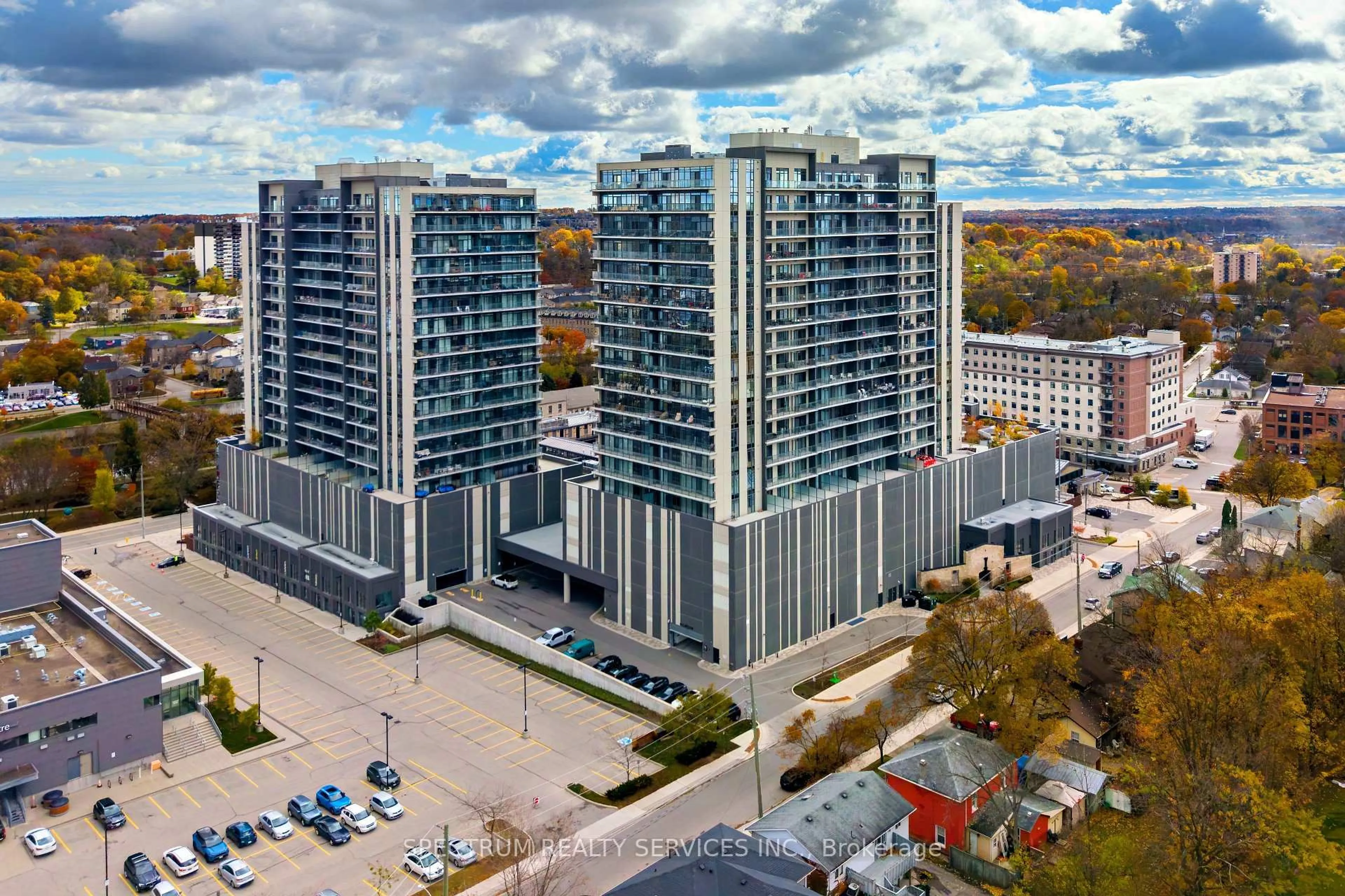 A pic from outside/outdoor area/front of a property/back of a property/a pic from drone, city buildings view from balcony for 15 Glebe St #910, Cambridge Ontario N1S 0C3