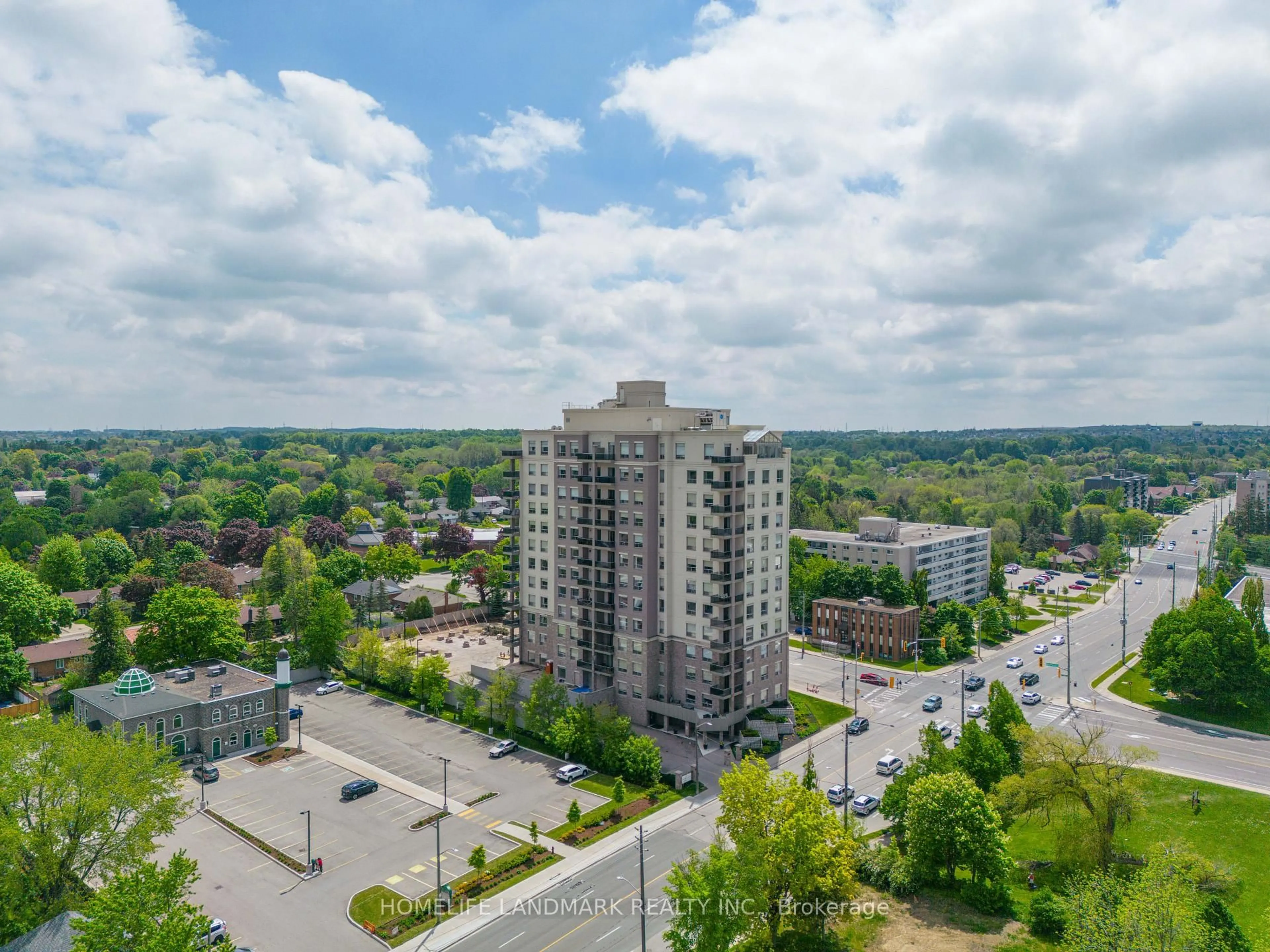A pic from outside/outdoor area/front of a property/back of a property/a pic from drone, city buildings view from balcony for 223 Erb St #501, Waterloo Ontario N2L 0B3