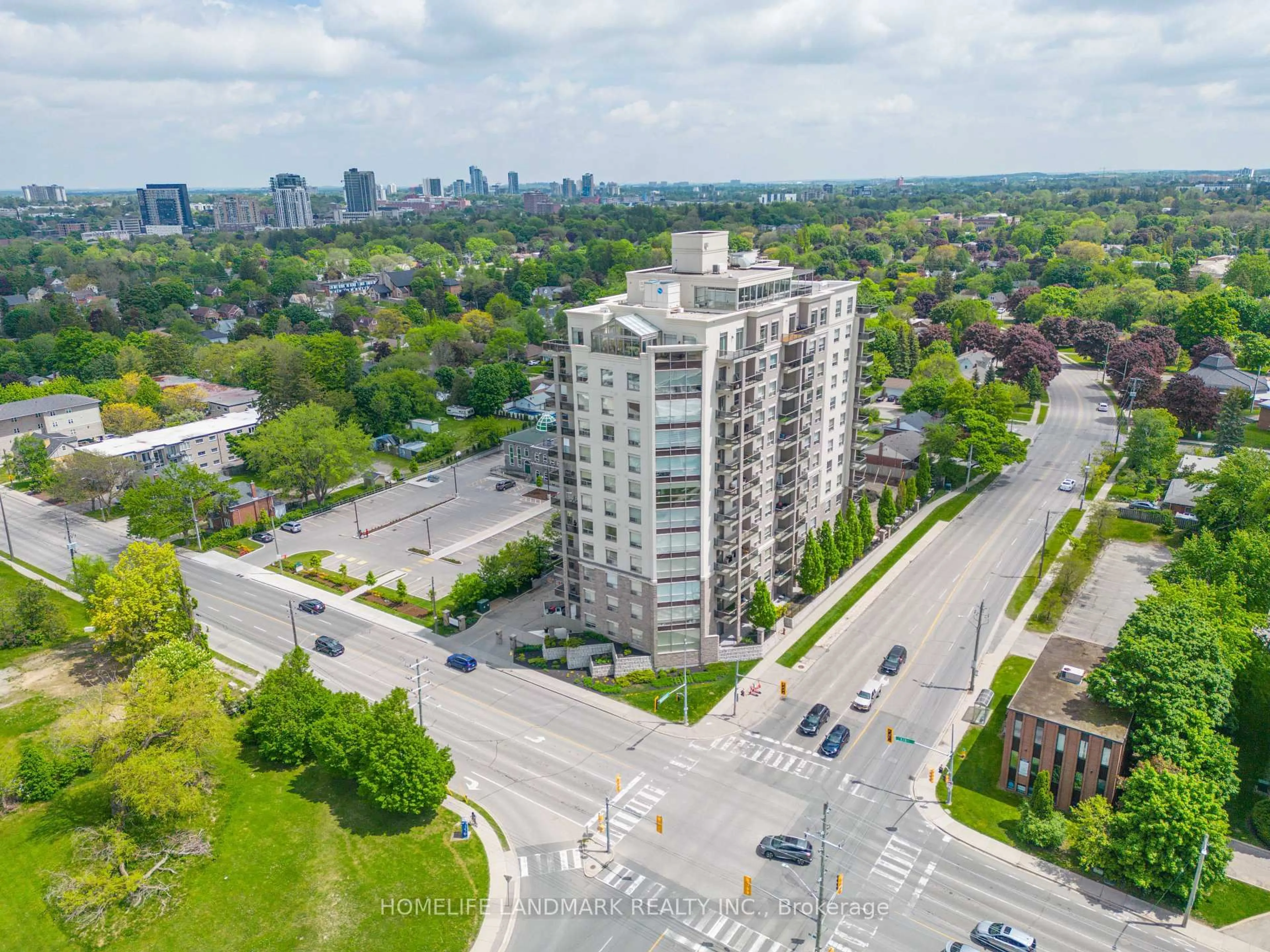 A pic from outside/outdoor area/front of a property/back of a property/a pic from drone, city buildings view from balcony for 223 Erb St #501, Waterloo Ontario N2L 0B3