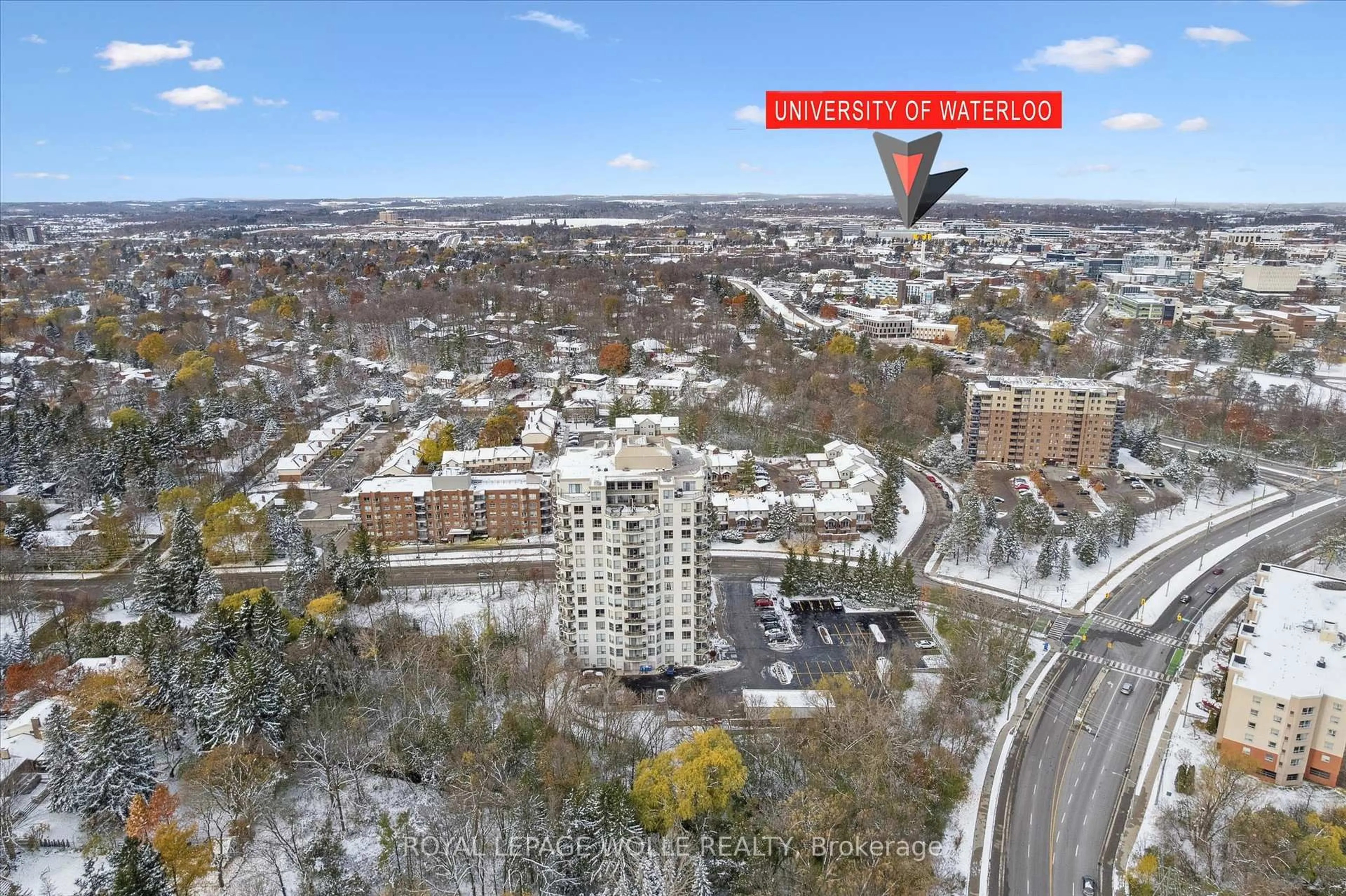 A pic from outside/outdoor area/front of a property/back of a property/a pic from drone, city buildings view from balcony for 255 Keats Way #706, Waterloo Ontario N2L 6N6