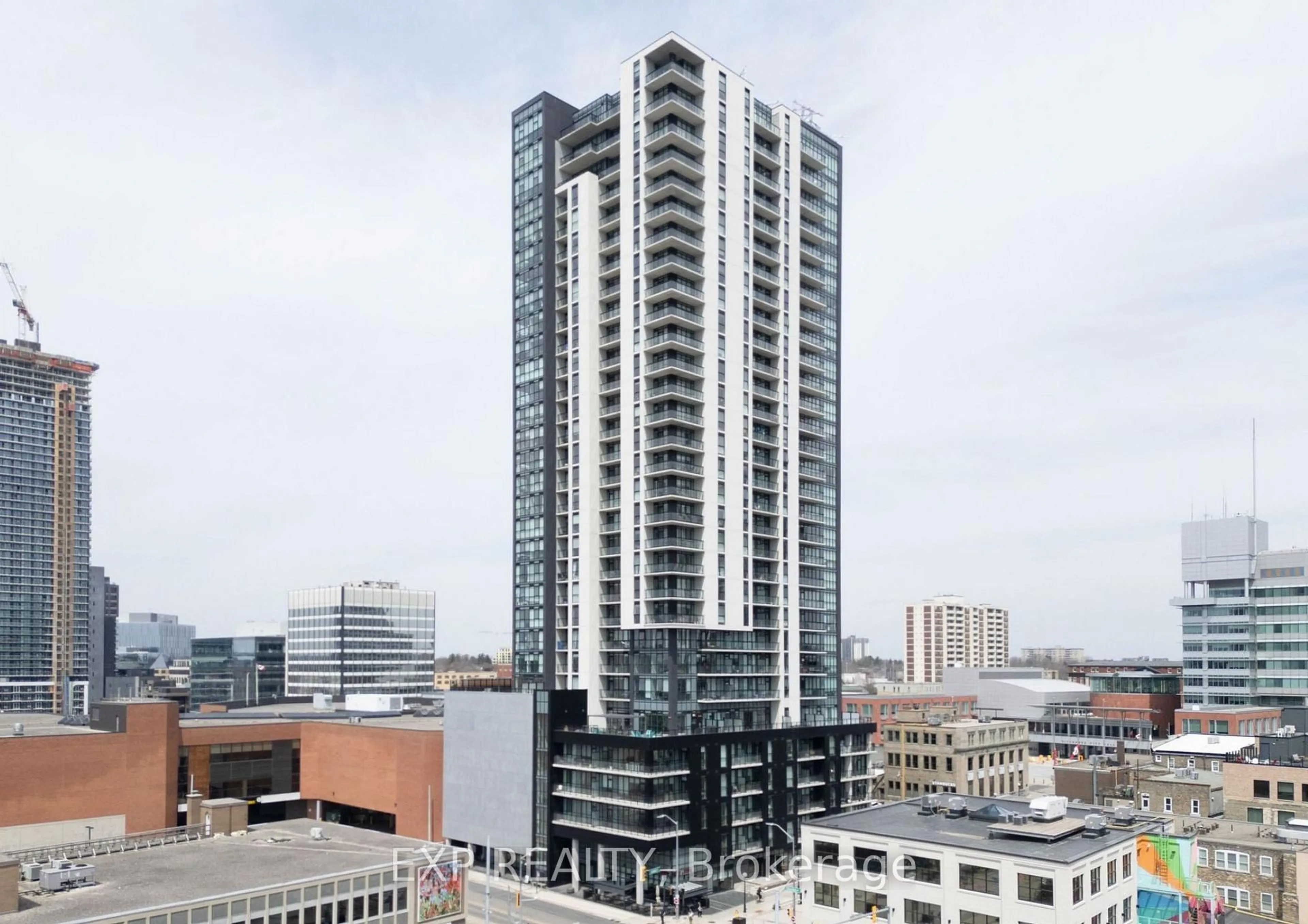 A pic from outside/outdoor area/front of a property/back of a property/a pic from drone, city buildings view from balcony for 60 Charles St #1108b, Kitchener Ontario N2G 0C9