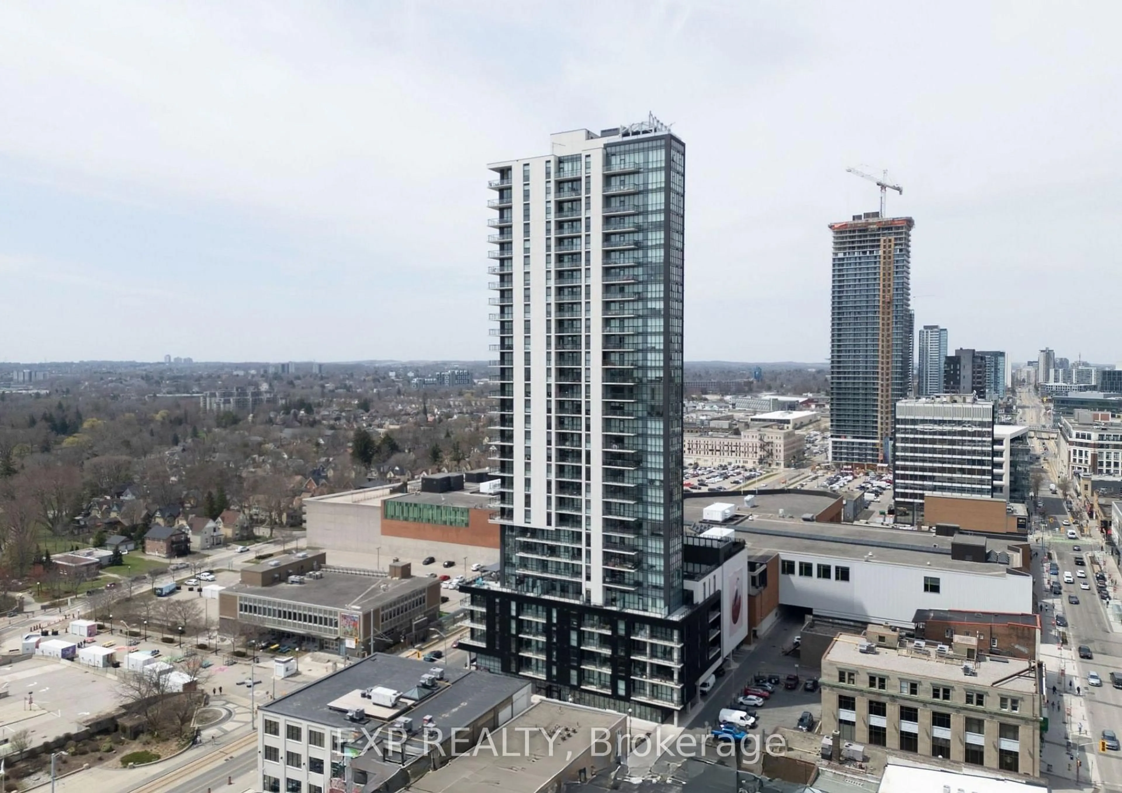 A pic from outside/outdoor area/front of a property/back of a property/a pic from drone, city buildings view from balcony for 60 Charles St #1108b, Kitchener Ontario N2G 0C9
