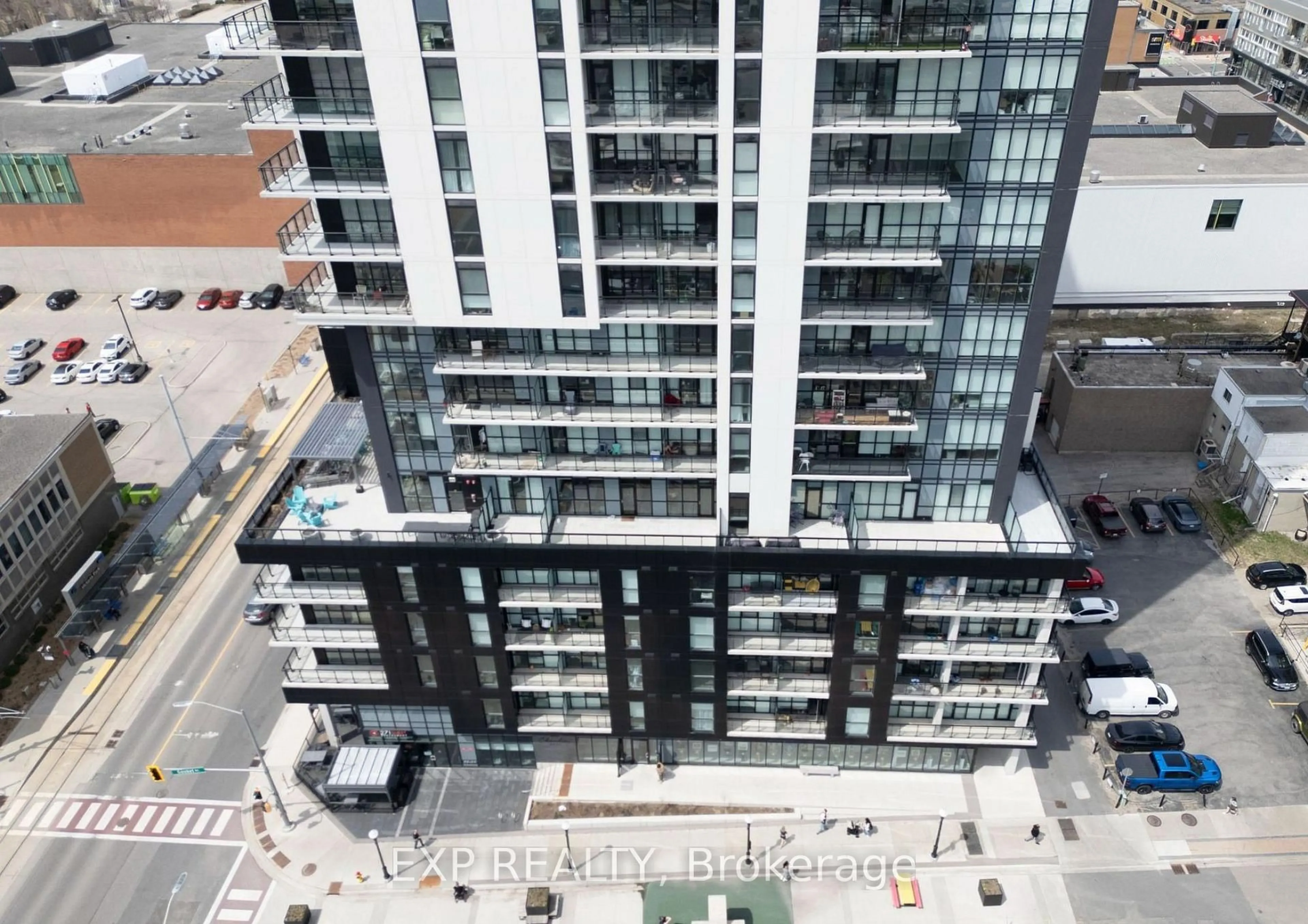 A pic from outside/outdoor area/front of a property/back of a property/a pic from drone, city buildings view from balcony for 60 Charles St #1108b, Kitchener Ontario N2G 0C9