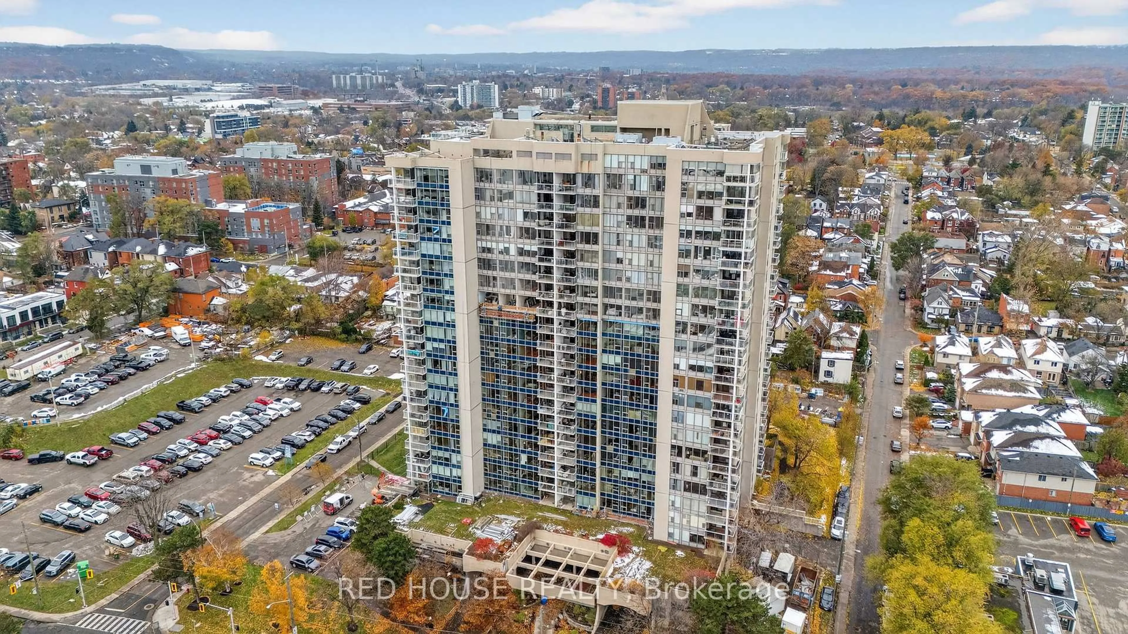 A pic from outside/outdoor area/front of a property/back of a property/a pic from drone, city buildings view from balcony for 75 Queen St #1404, Hamilton Ontario L8R 3J3