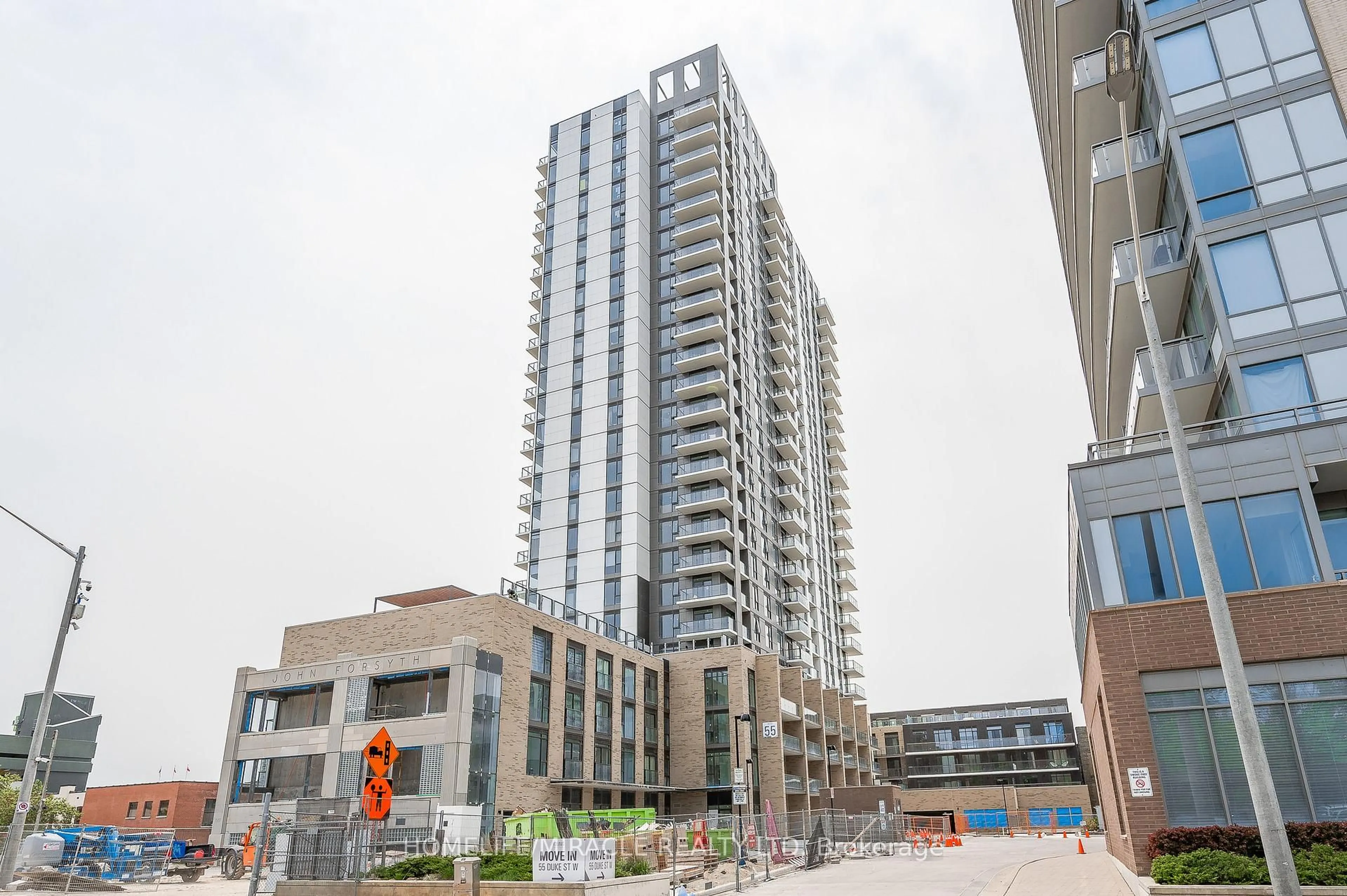 Patio, city buildings view from balcony for 55 Duke St #2203, Kitchener Ontario N2G 1A6