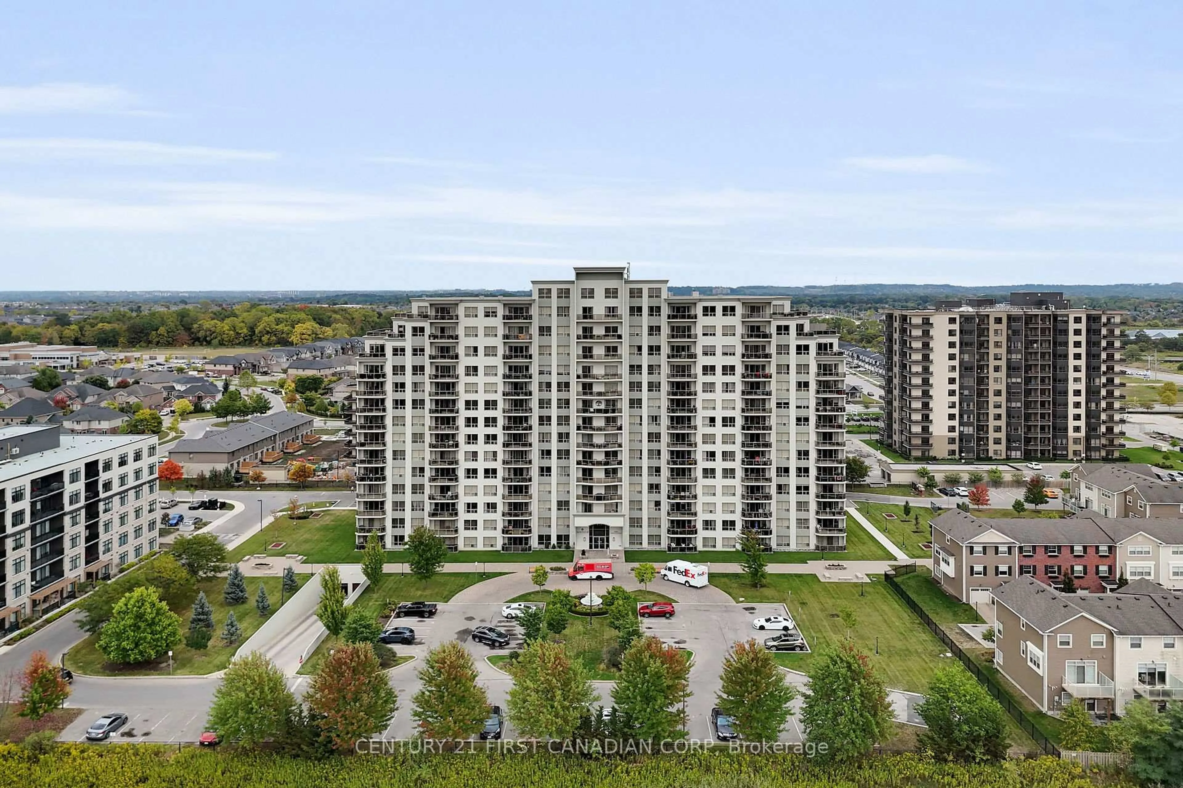 A pic from outside/outdoor area/front of a property/back of a property/a pic from drone, city buildings view from balcony for 1030 Coronation Dr #707, London North Ontario N6G 0G5