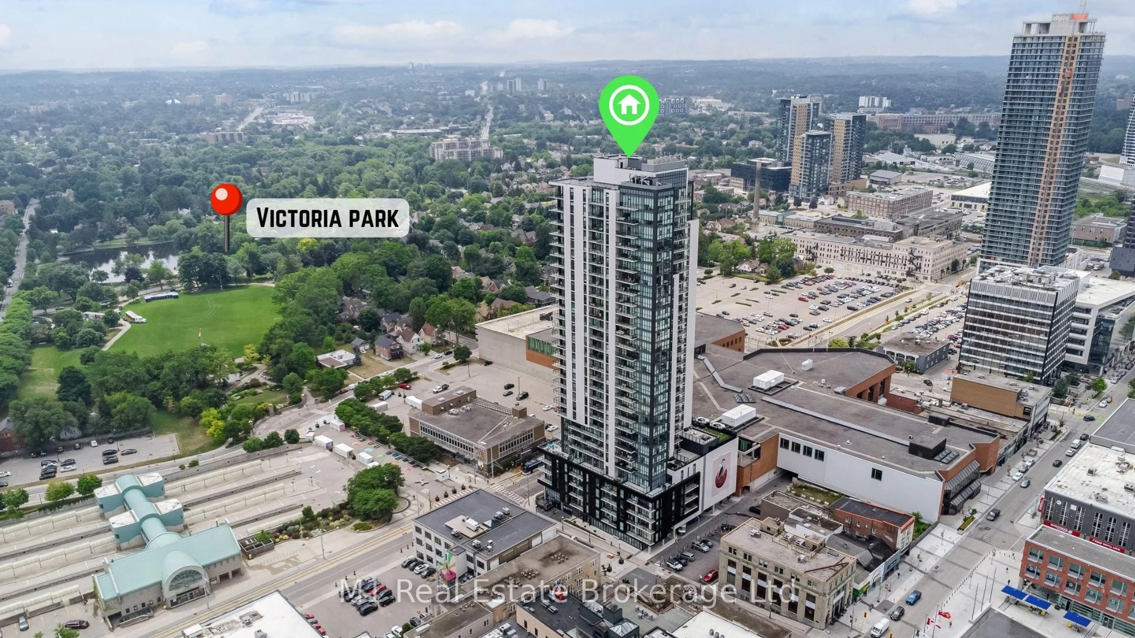 A pic from outside/outdoor area/front of a property/back of a property/a pic from drone, city buildings view from balcony for 60 Charles St #3001, Kitchener Ontario N2G 0C9