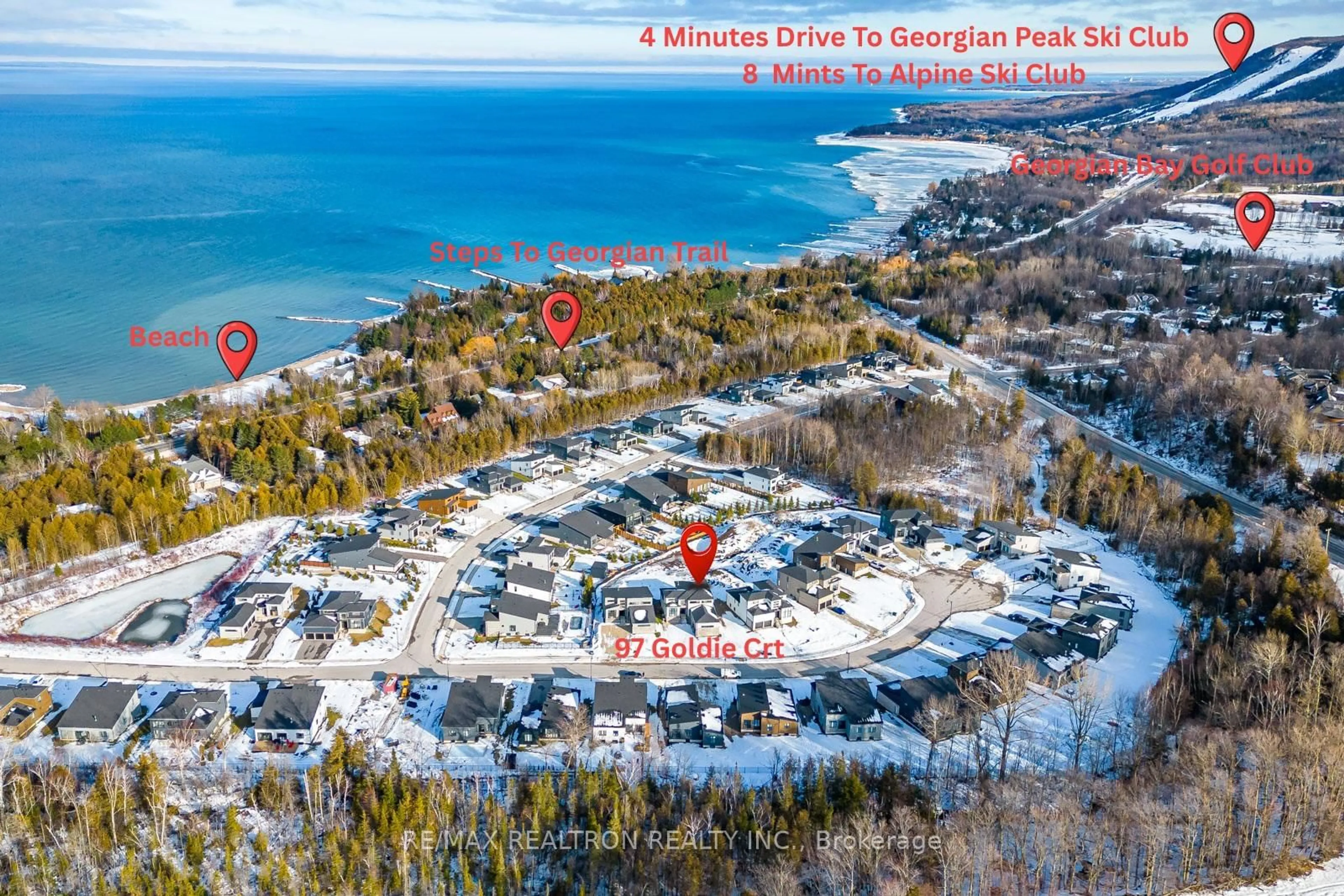 A pic from outside/outdoor area/front of a property/back of a property/a pic from drone, water/lake/river/ocean view for 97 Goldie Crt, Blue Mountains Ontario N0H 1J0