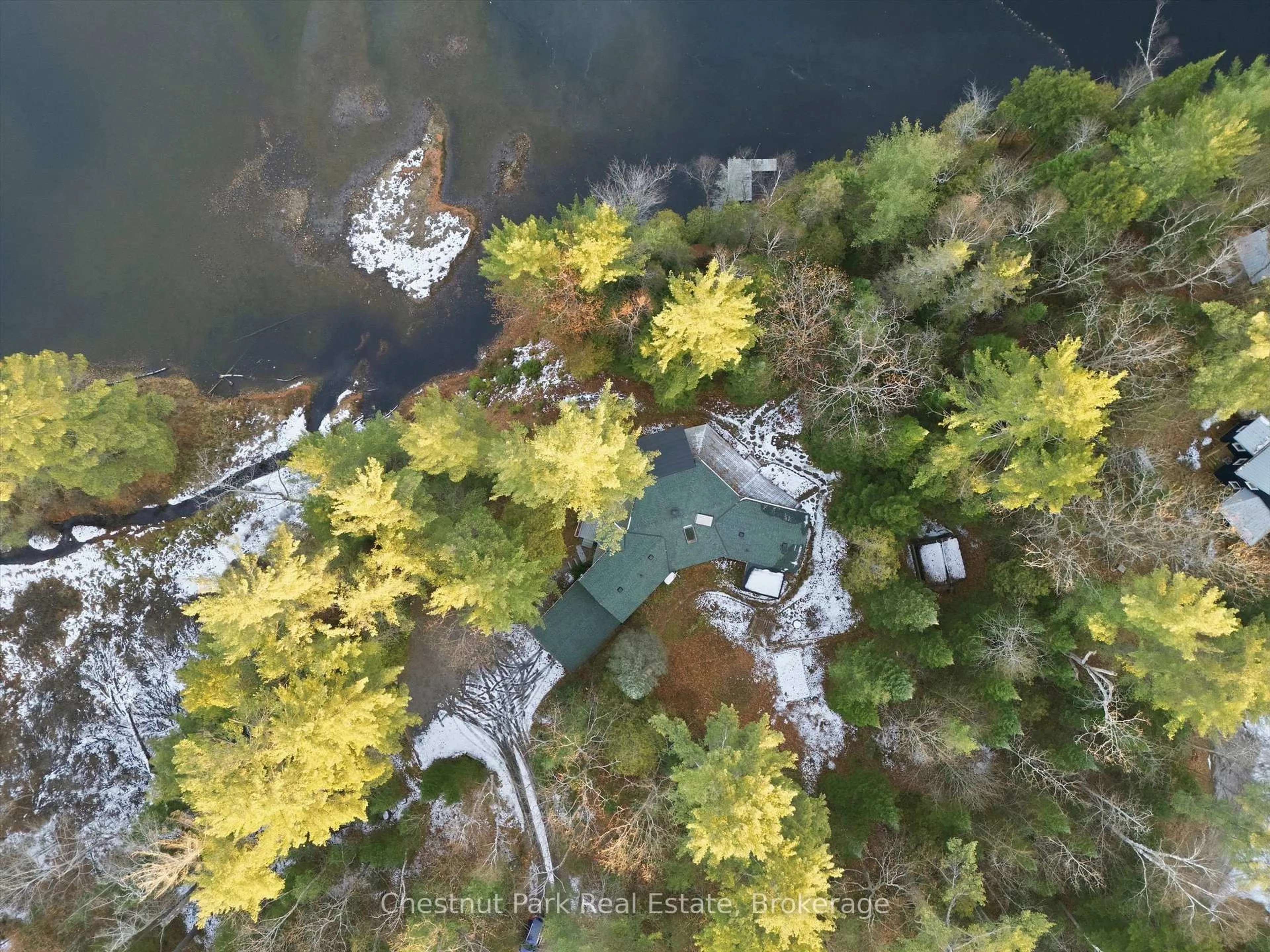 A pic from outside/outdoor area/front of a property/back of a property/a pic from drone, water/lake/river/ocean view for 1077 Fairy Falls Rd, Lake of Bays Ontario P0B 1A0
