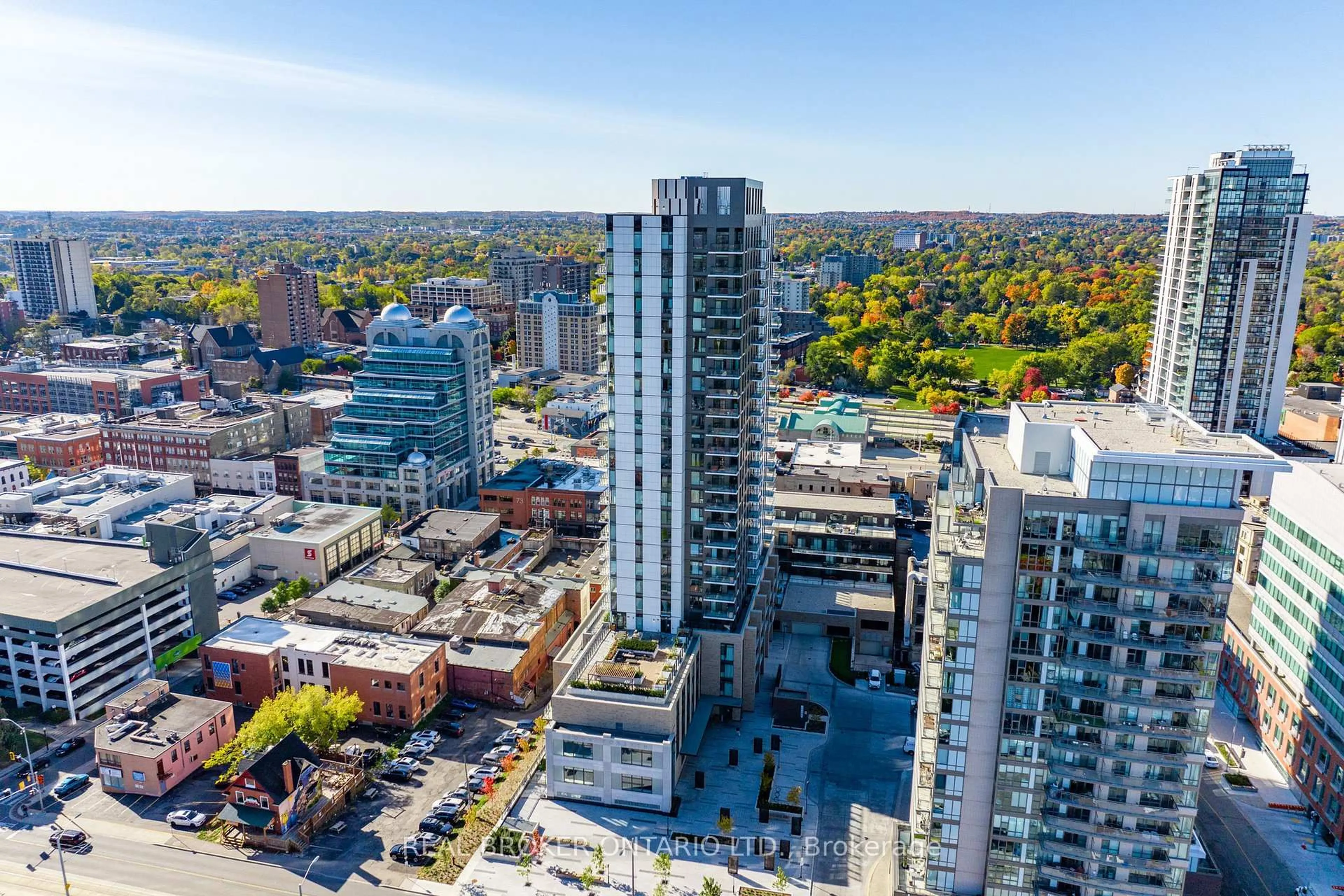 A pic from outside/outdoor area/front of a property/back of a property/a pic from drone, city buildings view from balcony for 55 Duke St #322, Kitchener Ontario N2H 0C9