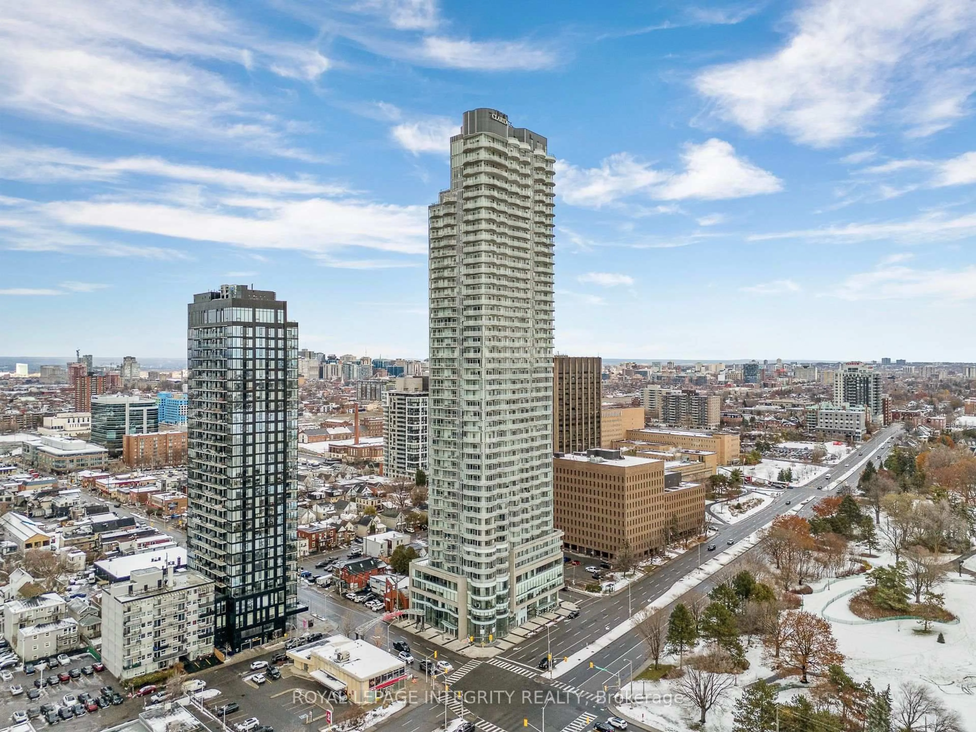 A pic from outside/outdoor area/front of a property/back of a property/a pic from drone, city buildings view from balcony for 805 CARLING Ave #3505, Ottawa Ontario K1S 5W9