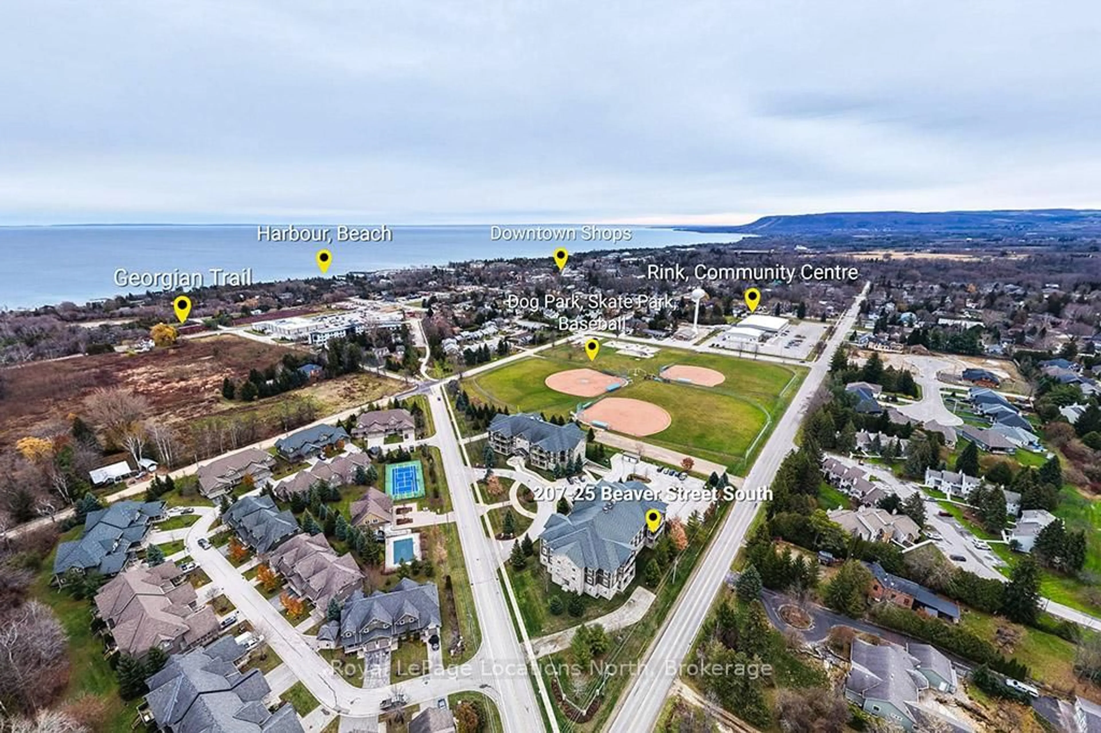 A pic from outside/outdoor area/front of a property/back of a property/a pic from drone, water/lake/river/ocean view for 25 Beaver St #207, Blue Mountains Ontario N0H 2P0