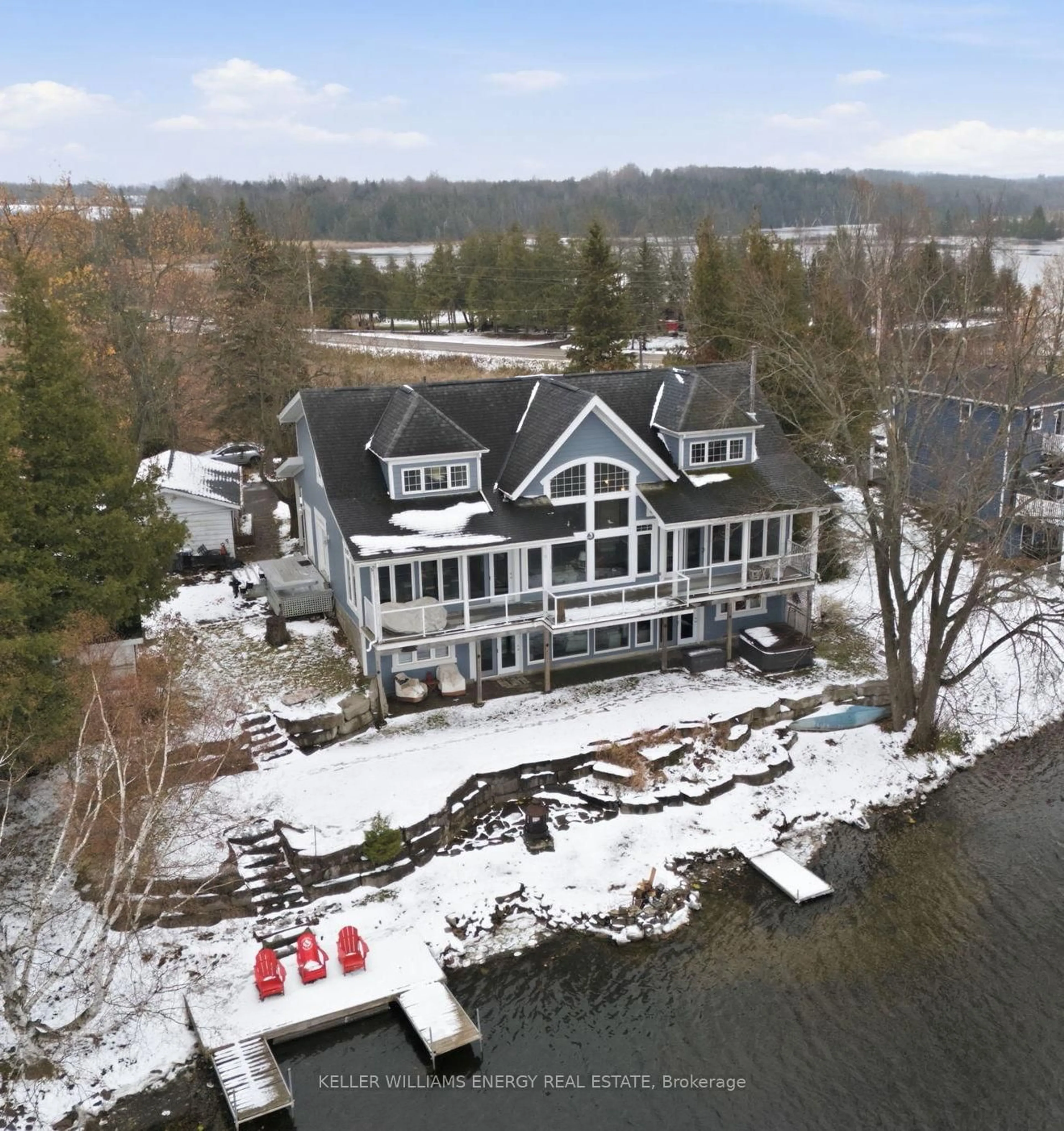 A pic from outside/outdoor area/front of a property/back of a property/a pic from drone, water/lake/river/ocean view for 7 Peninsula Dr, Kawartha Lakes Ontario K9J 6X3