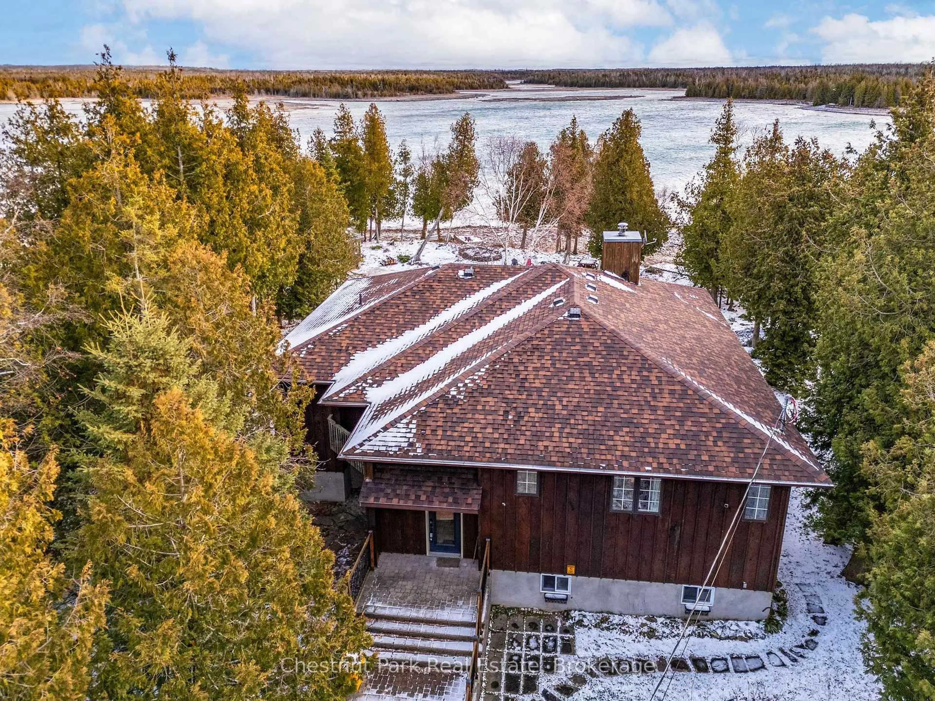 A pic from outside/outdoor area/front of a property/back of a property/a pic from drone, water/lake/river/ocean view for 137 Pine Tree Harbour Rd, Northern Bruce Peninsula Ontario N0H 1Z0