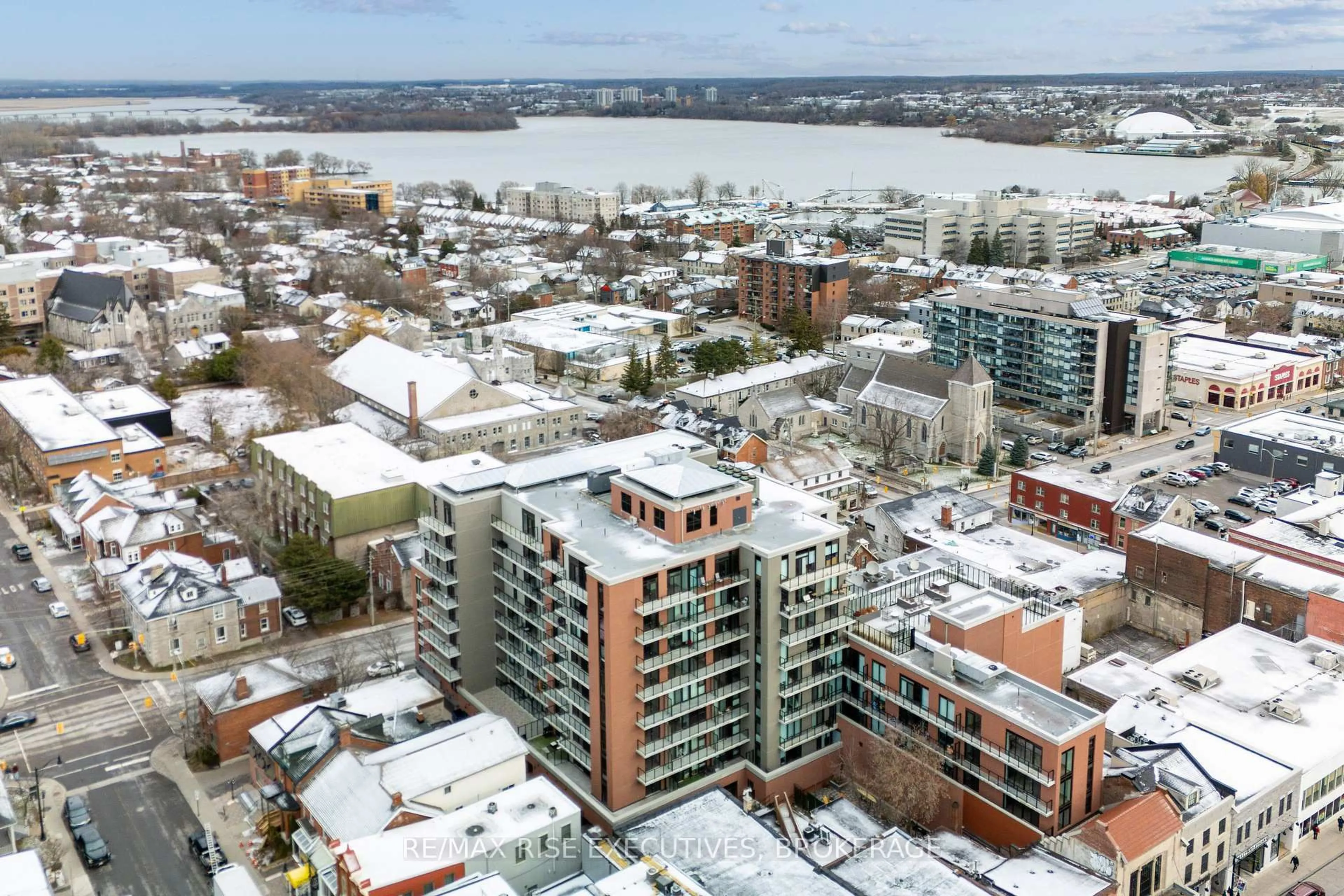 A pic from outside/outdoor area/front of a property/back of a property/a pic from drone, city buildings view from balcony for 223 Princess St #702, Kingston Ontario K7L 1B3
