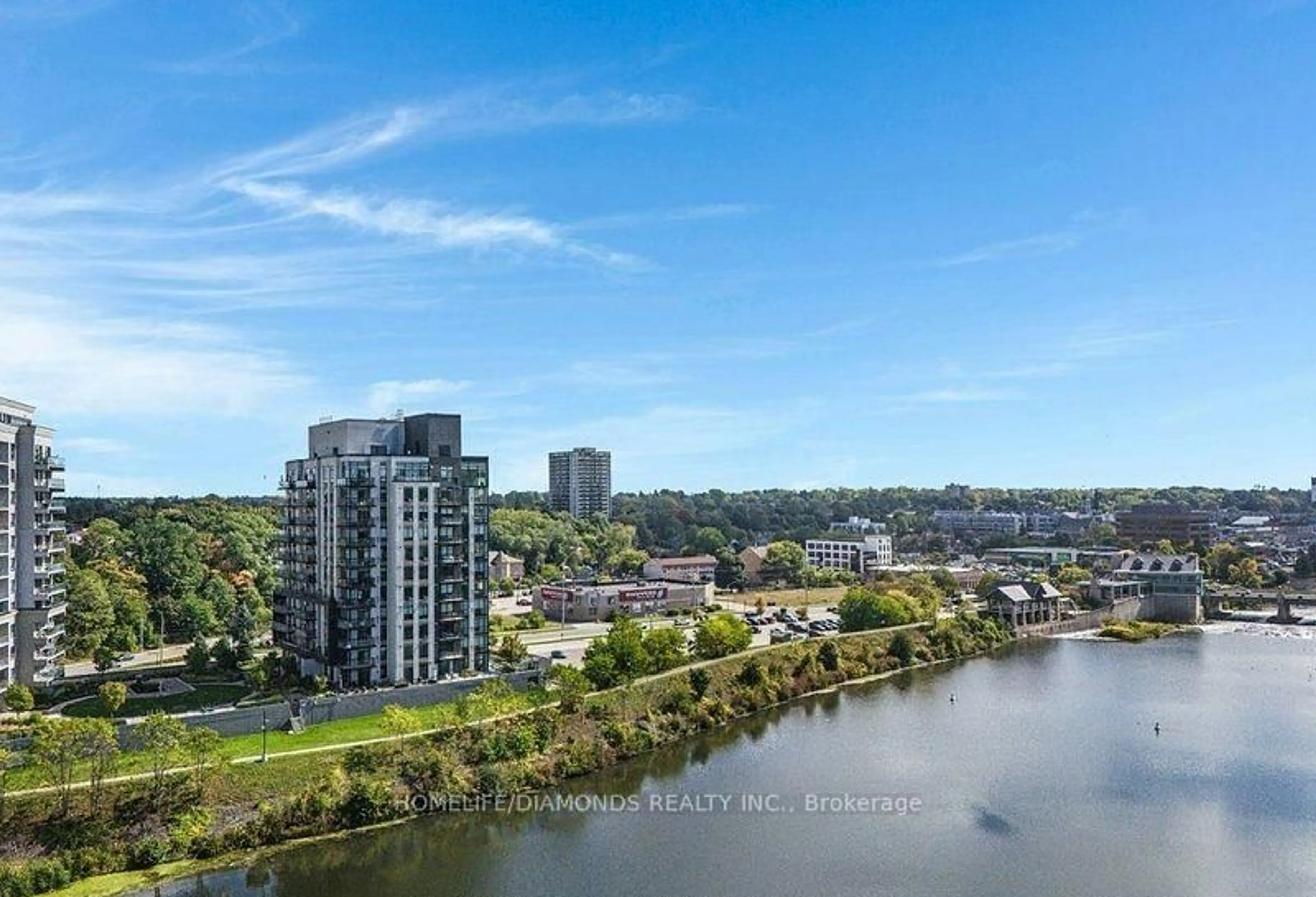 A pic from outside/outdoor area/front of a property/back of a property/a pic from drone, water/lake/river/ocean view for 150 WATER St #811, Cambridge Ontario N1R 0B5