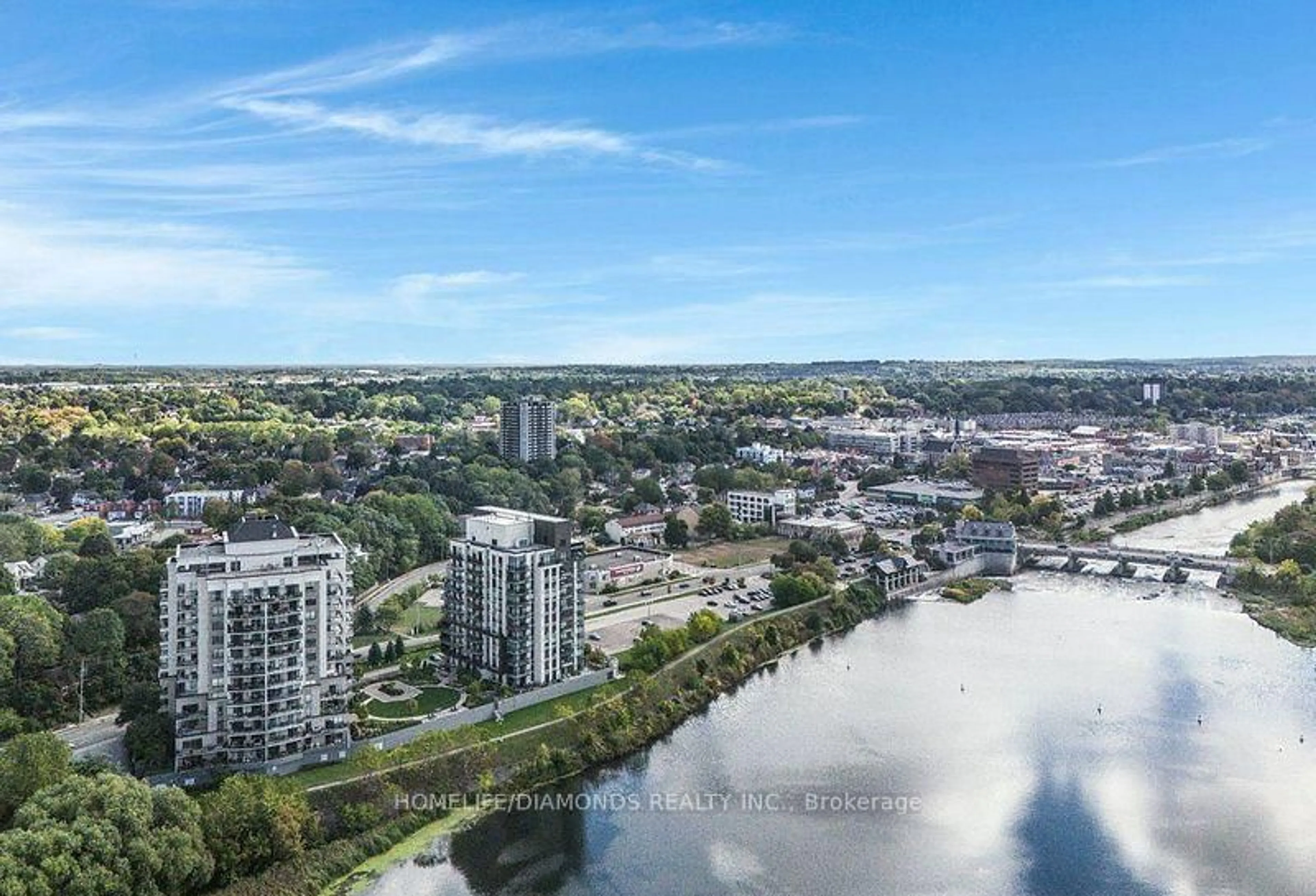 A pic from outside/outdoor area/front of a property/back of a property/a pic from drone, water/lake/river/ocean view for 150 WATER St #811, Cambridge Ontario N1R 0B5