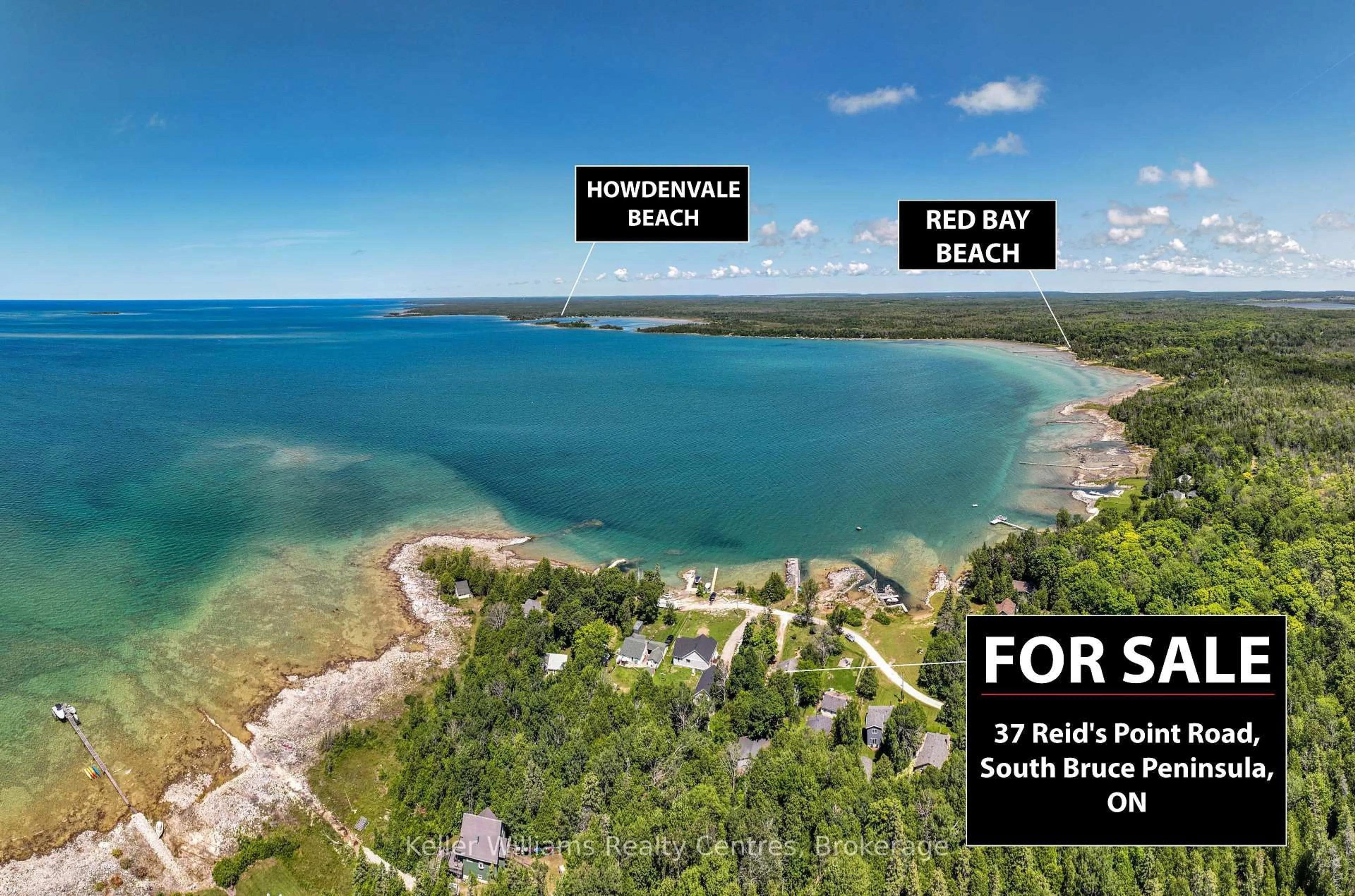 A pic from outside/outdoor area/front of a property/back of a property/a pic from drone, water/lake/river/ocean view for 37 REID'S PT RD, South Bruce Peninsula Ontario N0H 2T0