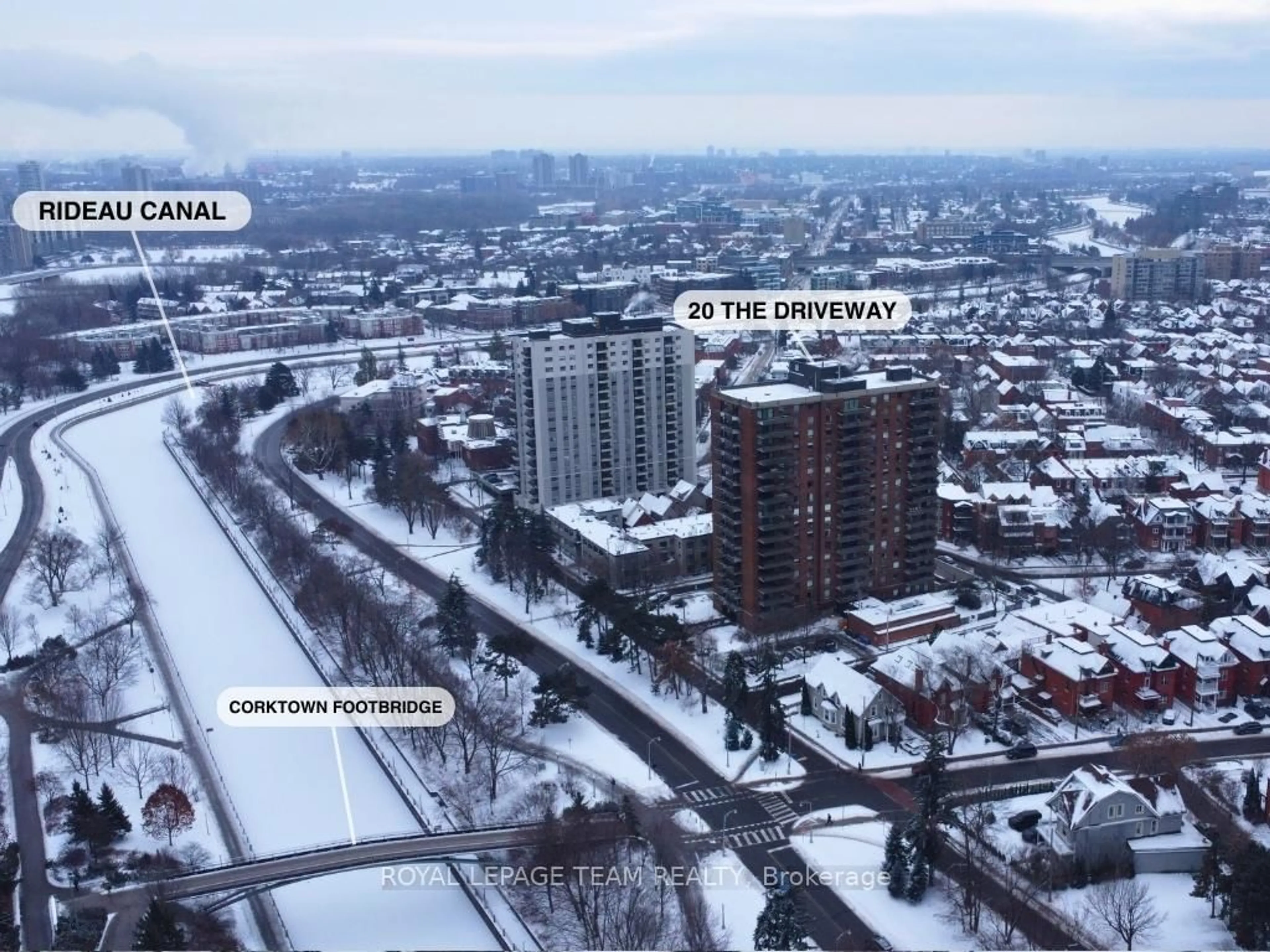 A pic from outside/outdoor area/front of a property/back of a property/a pic from drone, city buildings view from balcony for 20 The Driveway Dr #101, Ottawa Ontario K2P 1C8