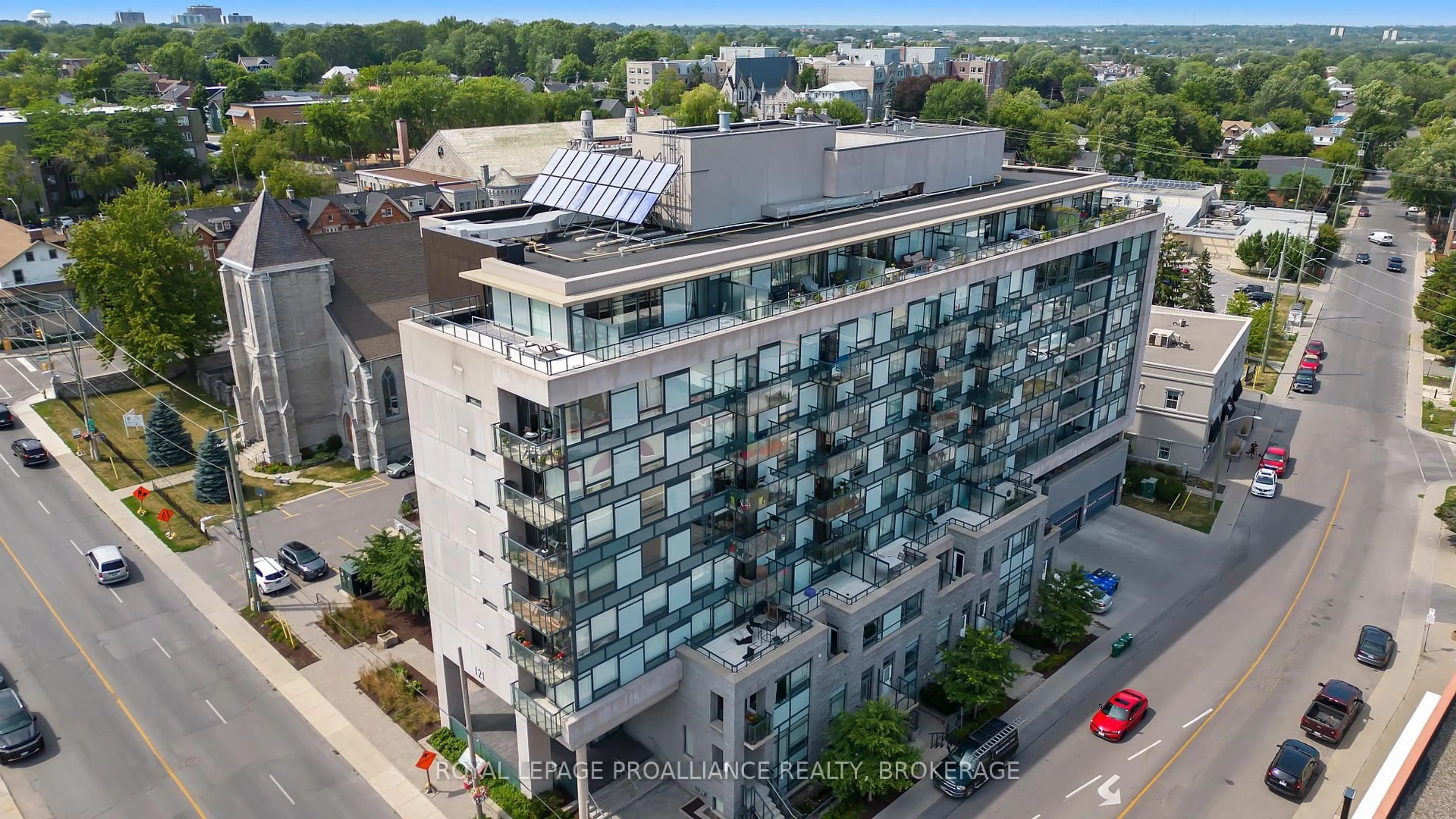 A pic from outside/outdoor area/front of a property/back of a property/a pic from drone, city buildings view from balcony for 121 Queen St #711, Kingston Ontario K7K 0G6