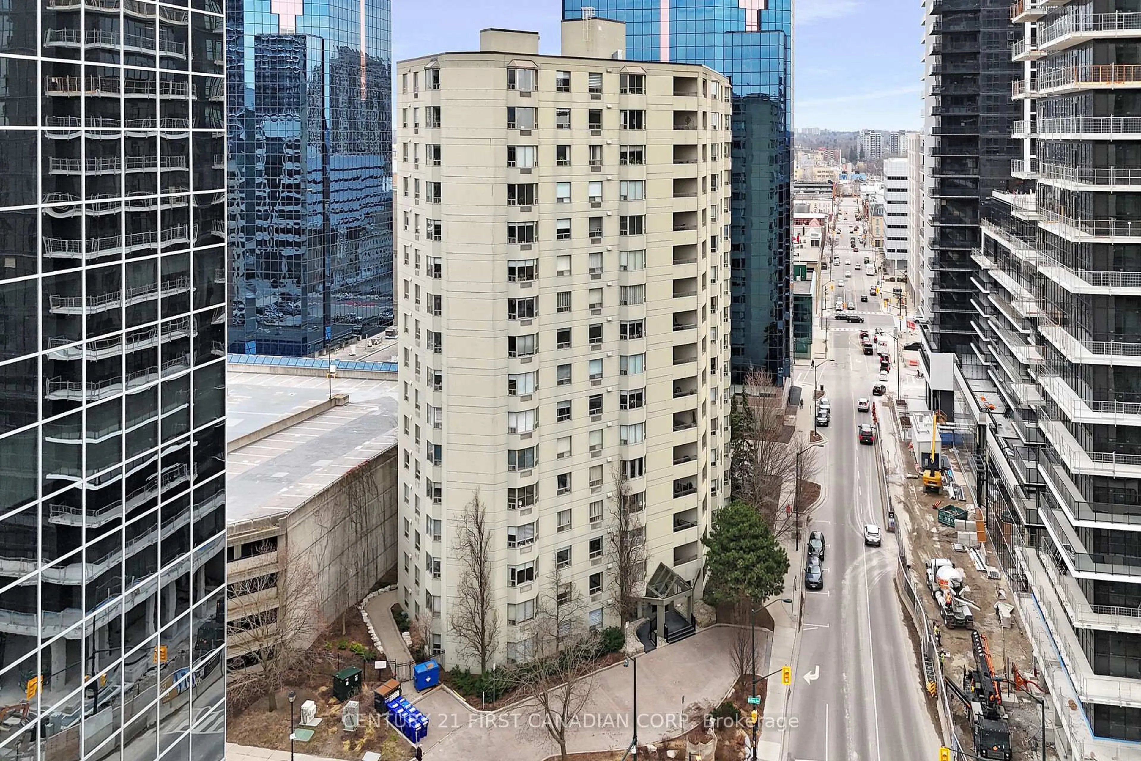 A pic from outside/outdoor area/front of a property/back of a property/a pic from drone, city buildings view from balcony for 500 Talbot St #402, London East Ontario N6A 2S3