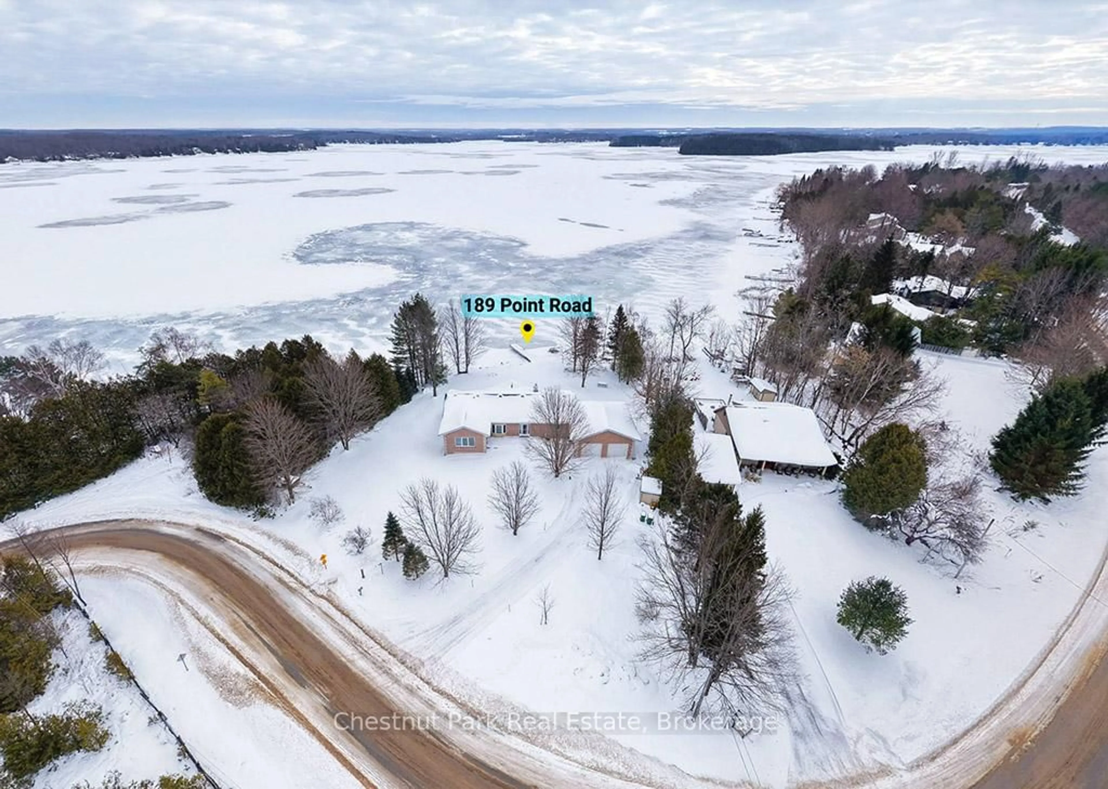 A pic from outside/outdoor area/front of a property/back of a property/a pic from drone, water/lake/river/ocean view for 189 Point Rd, Grey Highlands Ontario N0C 1E0
