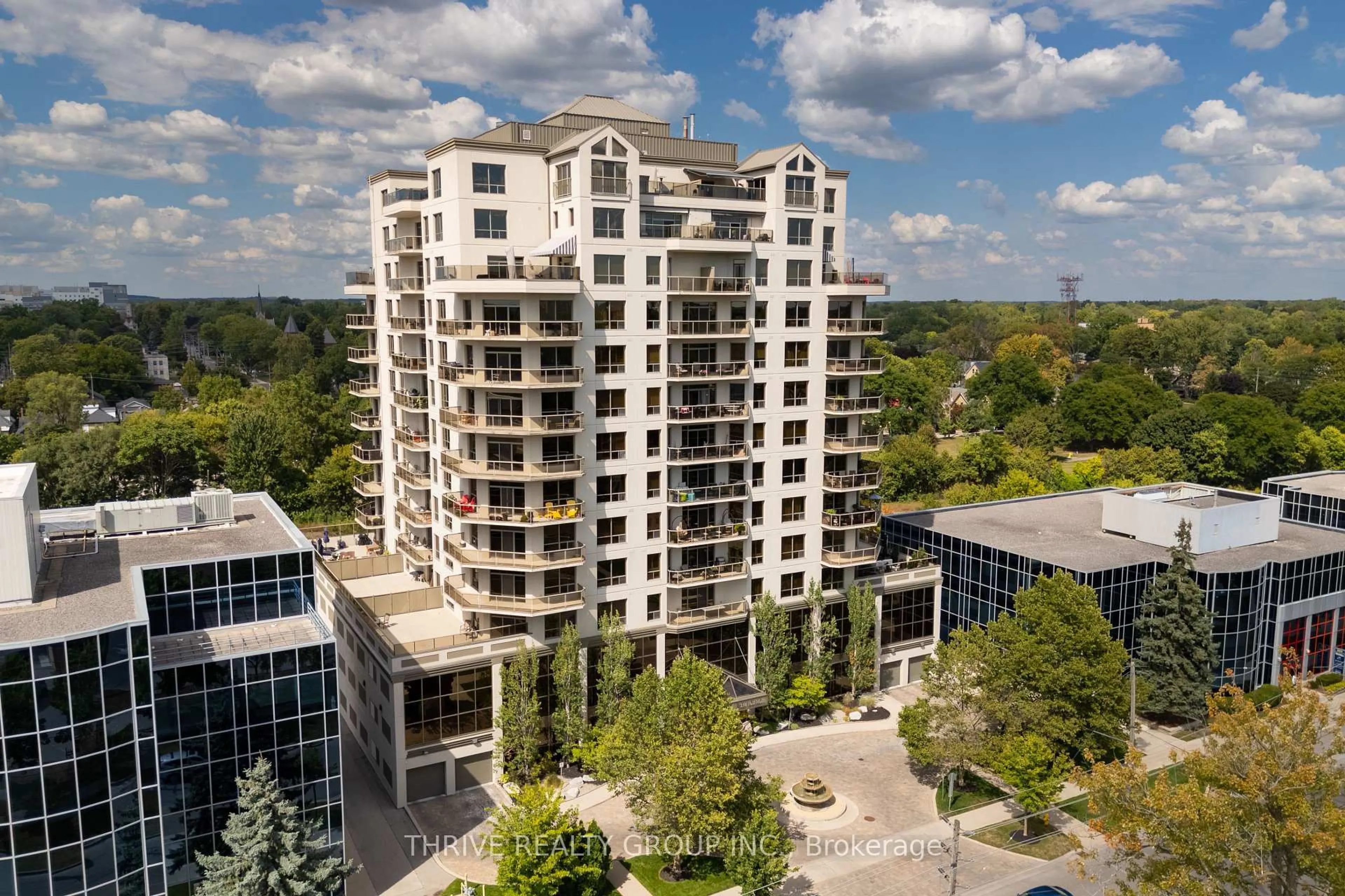A pic from outside/outdoor area/front of a property/back of a property/a pic from drone, city buildings view from balcony for 250 Pall Mall St #407, London East Ontario N6A 6K3
