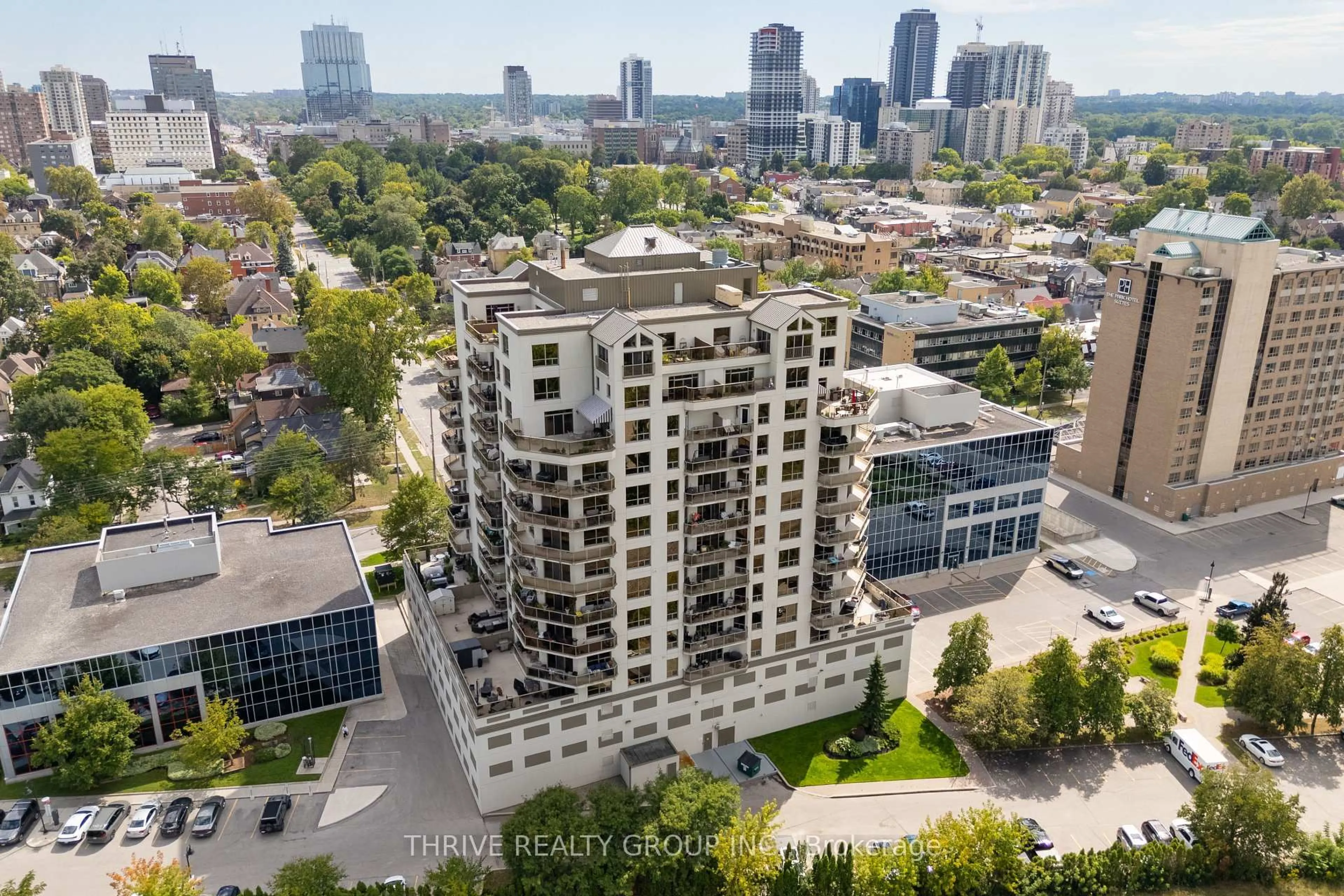 A pic from outside/outdoor area/front of a property/back of a property/a pic from drone, city buildings view from balcony for 250 Pall Mall St #407, London East Ontario N6A 6K3