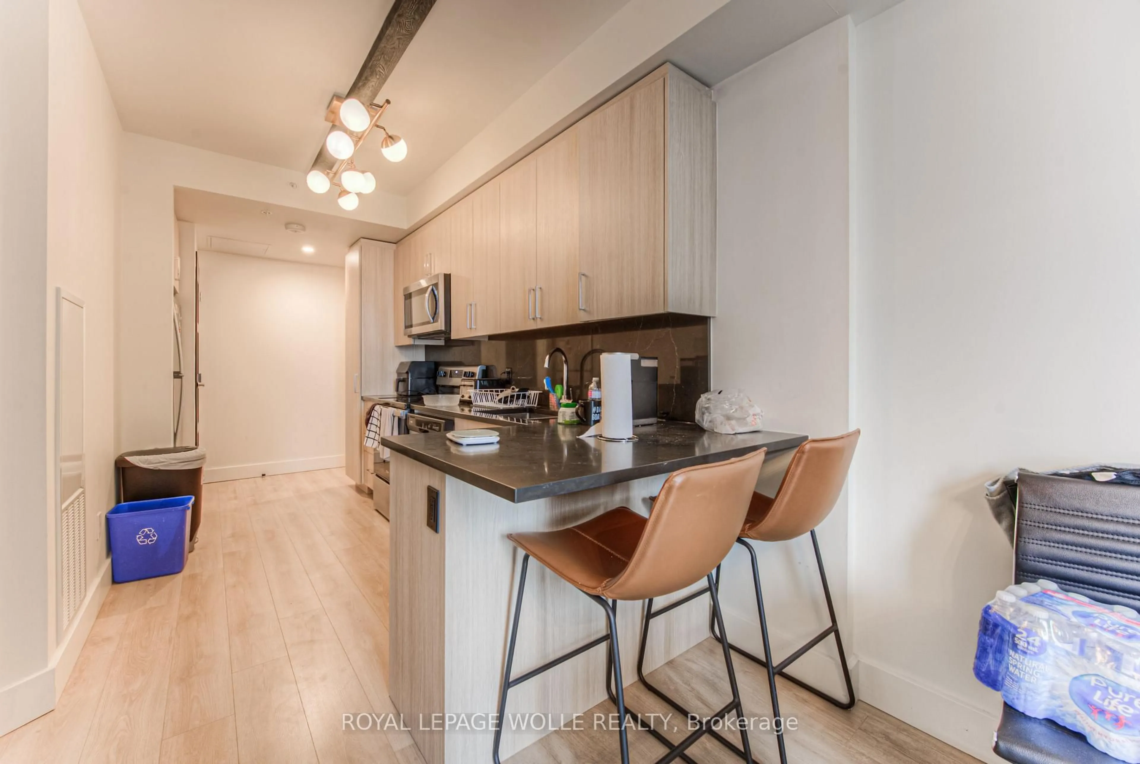 Open concept kitchen, wood/laminate floor for 145 Columbia St #1210, Waterloo Ontario N2L 0K7