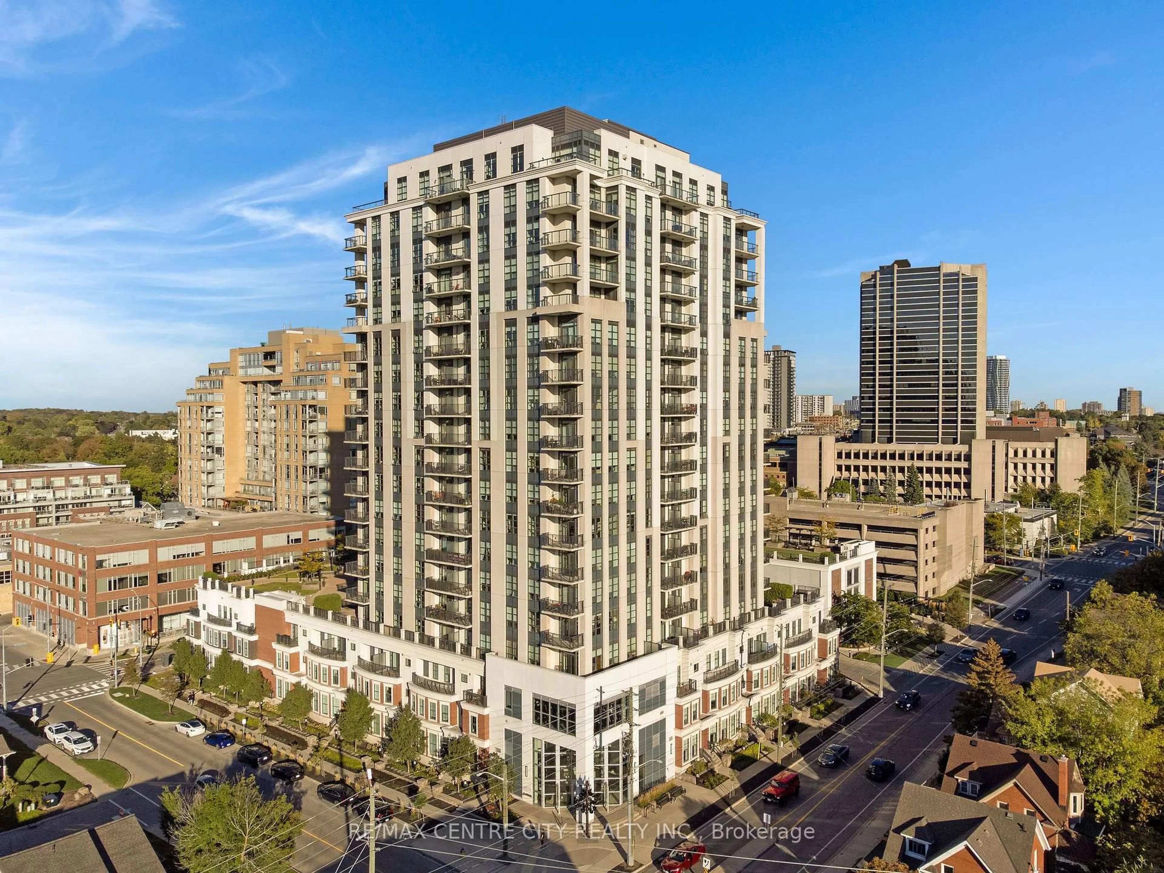 A pic from outside/outdoor area/front of a property/back of a property/a pic from drone, city buildings view from balcony for 144 Park St #1009, Waterloo Ontario N2L 0B6