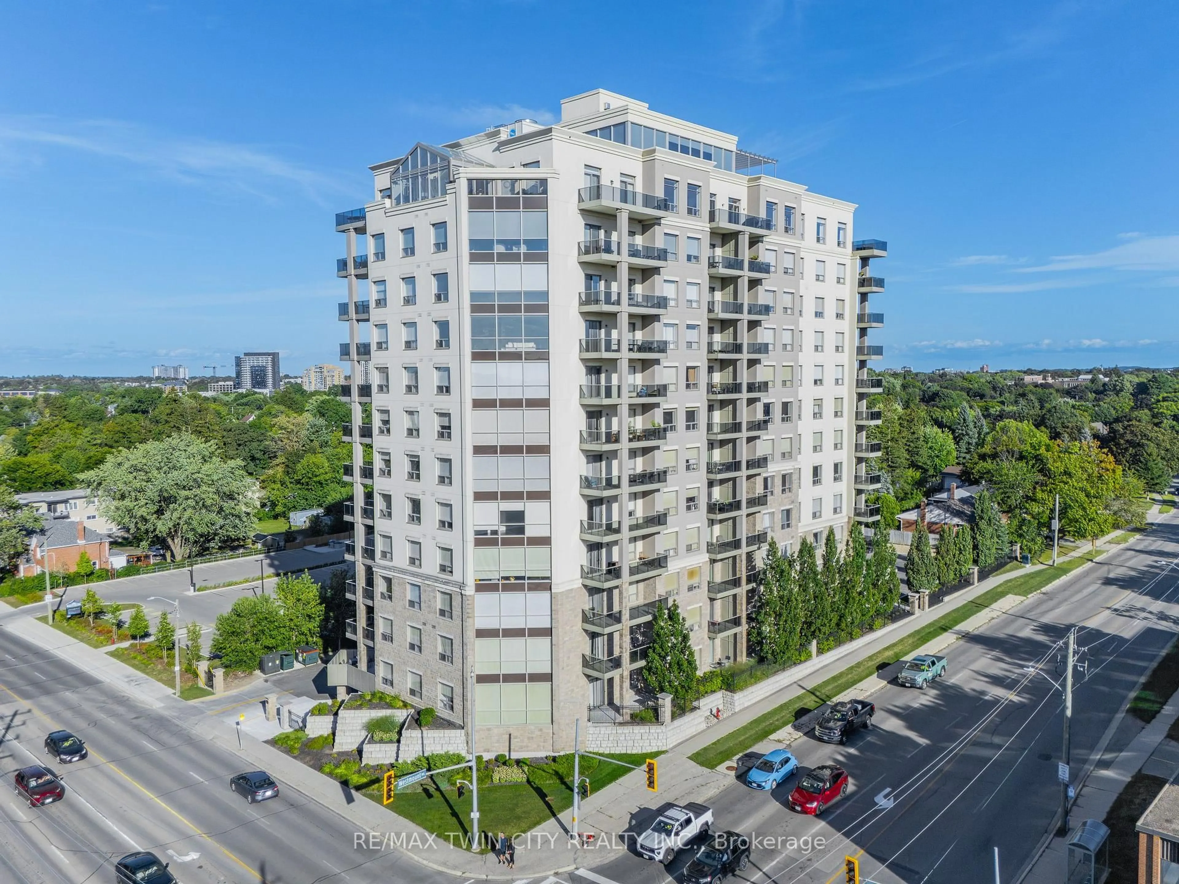 A pic from outside/outdoor area/front of a property/back of a property/a pic from drone, city buildings view from balcony for 223 Erb St #706, Waterloo Ontario N2L 0B3