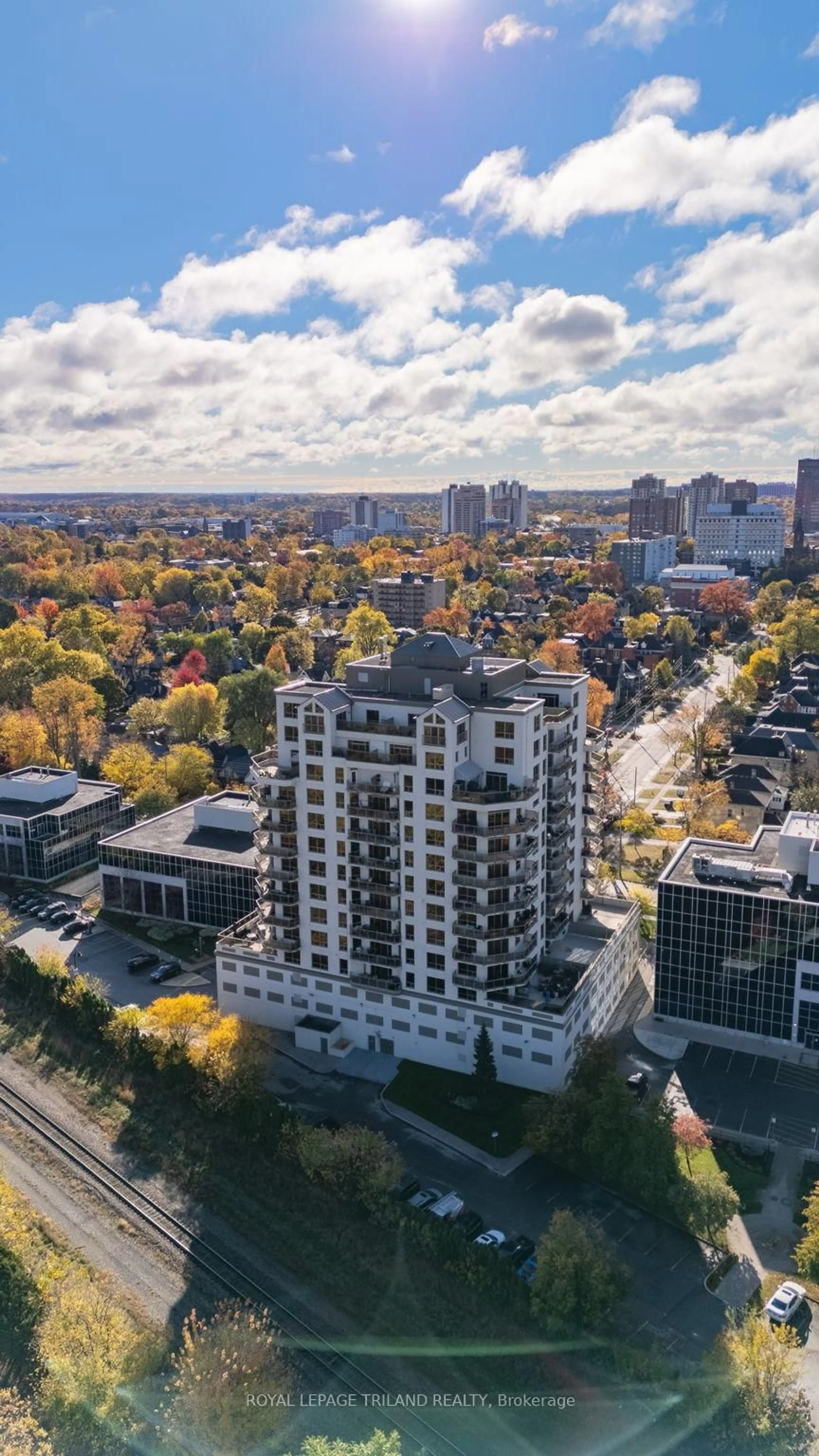 A pic from outside/outdoor area/front of a property/back of a property/a pic from drone, city buildings view from balcony for 250 PALL MALL St #1107, London East Ontario N6A 6K3