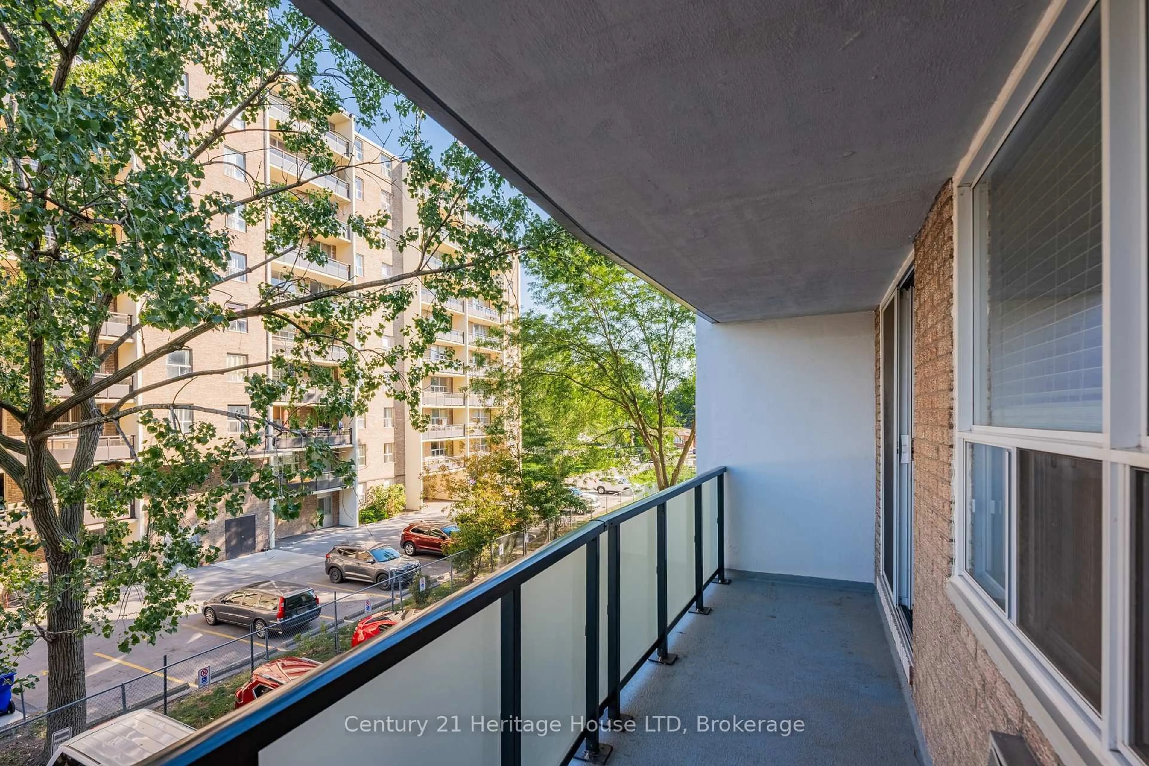 Balcony in the apartment, city buildings view from balcony for 359 Geneva St #303, St. Catharines Ontario L2N 2G5