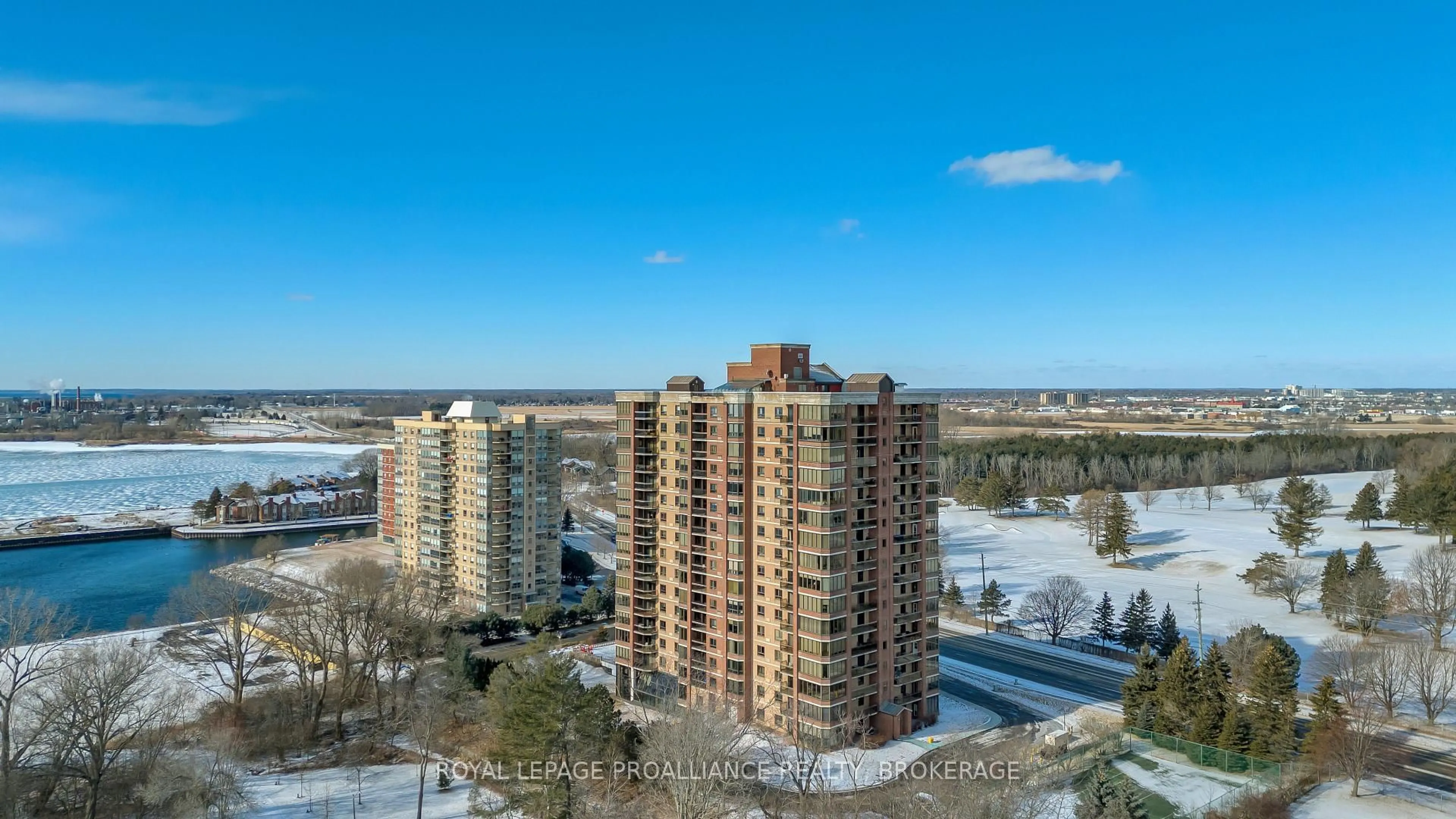 A pic from outside/outdoor area/front of a property/back of a property/a pic from drone, city buildings view from balcony for 1000 King St #705, Kingston Ontario K7M 8H3
