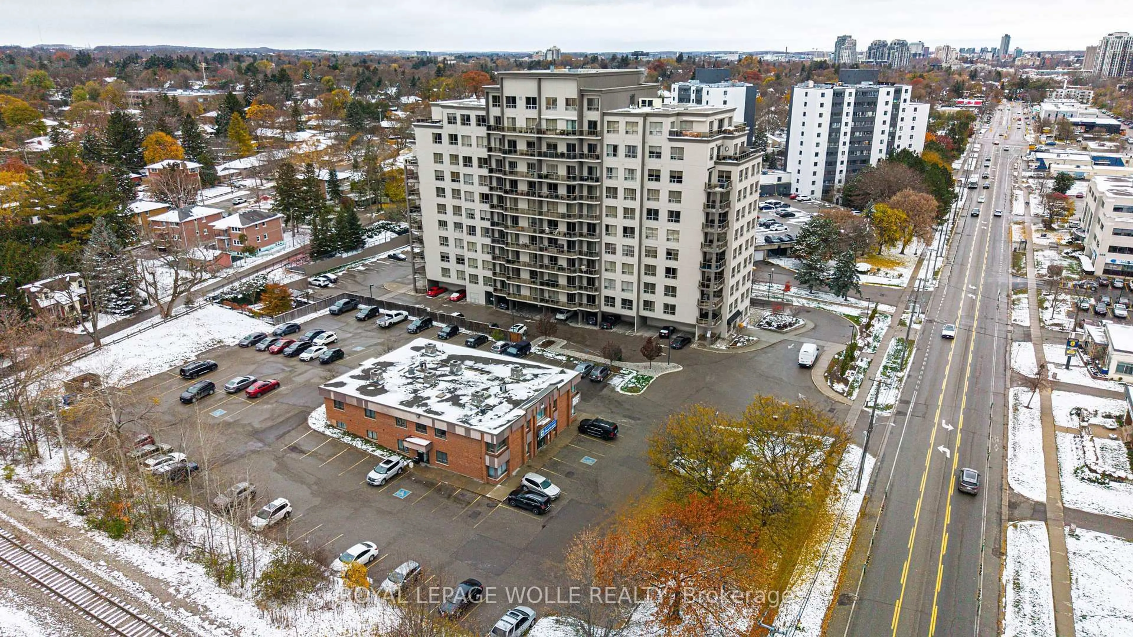 A pic from outside/outdoor area/front of a property/back of a property/a pic from drone, city buildings view from balcony for 539 Belmont Ave #608, Kitchener Ontario N2M 0A2