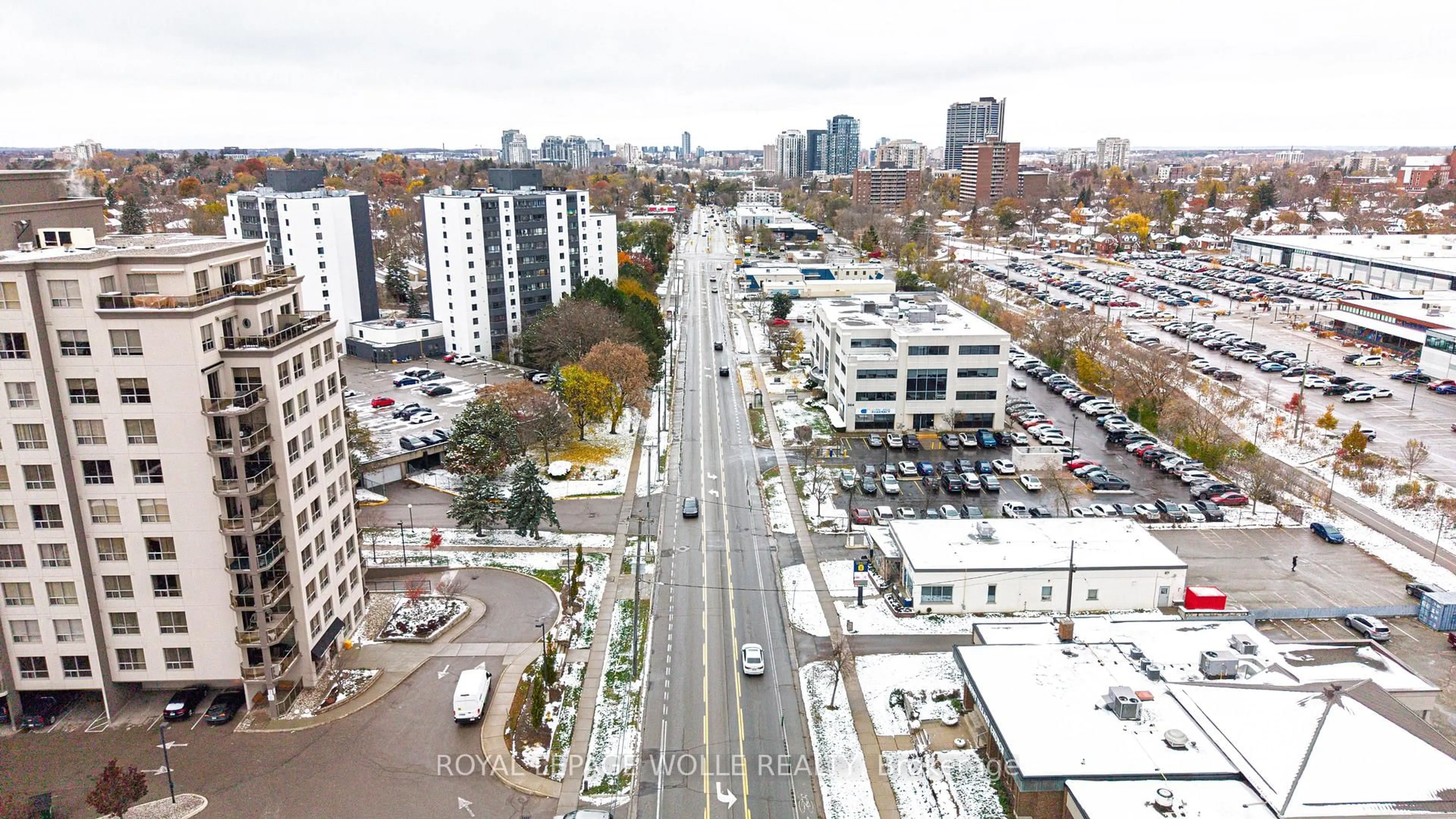 A pic from outside/outdoor area/front of a property/back of a property/a pic from drone, city buildings view from balcony for 539 Belmont Ave #608, Kitchener Ontario N2M 0A2