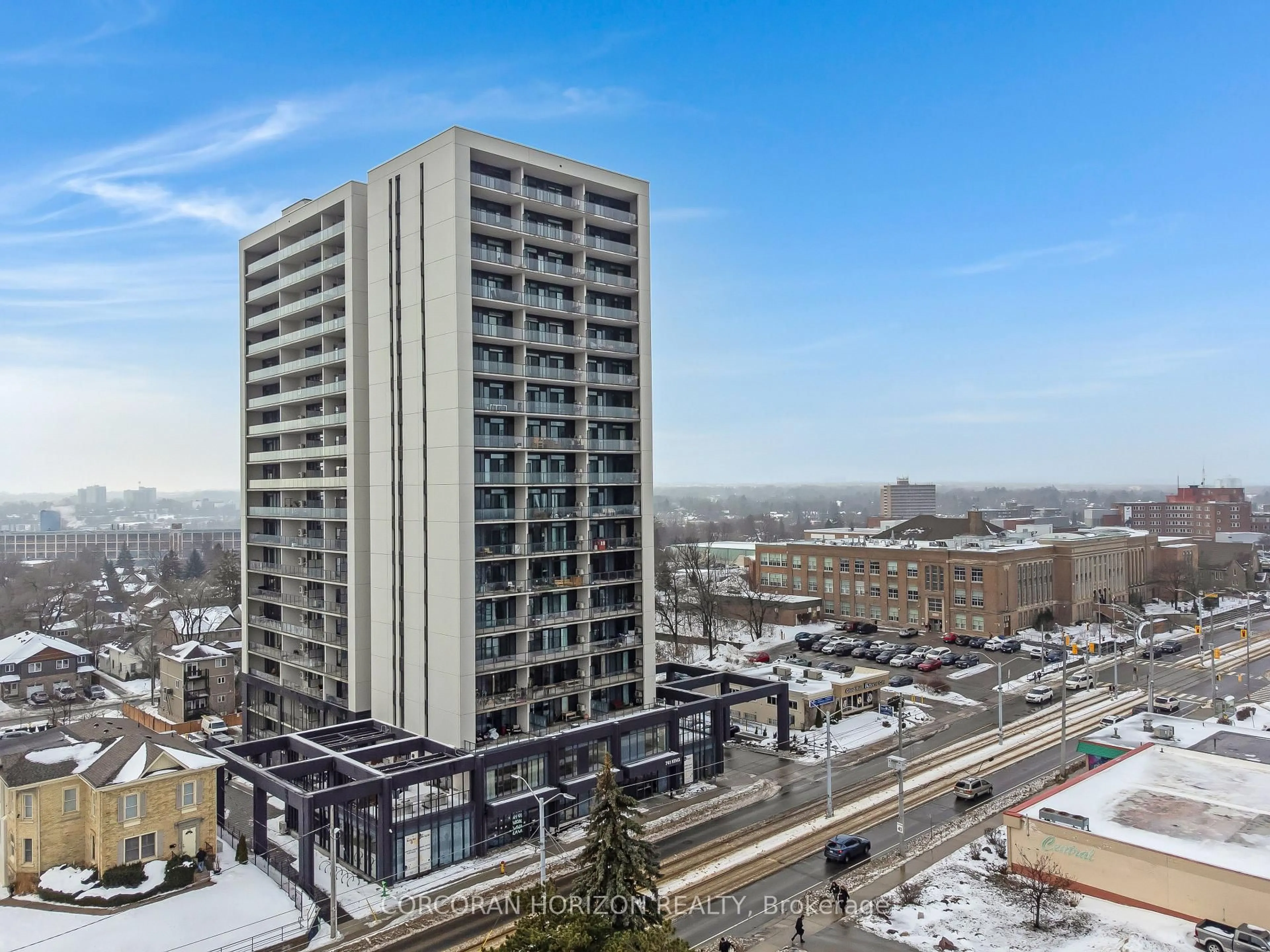 A pic from outside/outdoor area/front of a property/back of a property/a pic from drone, city buildings view from balcony for 741 King St #1809, Kitchener Ontario N2G 0E9