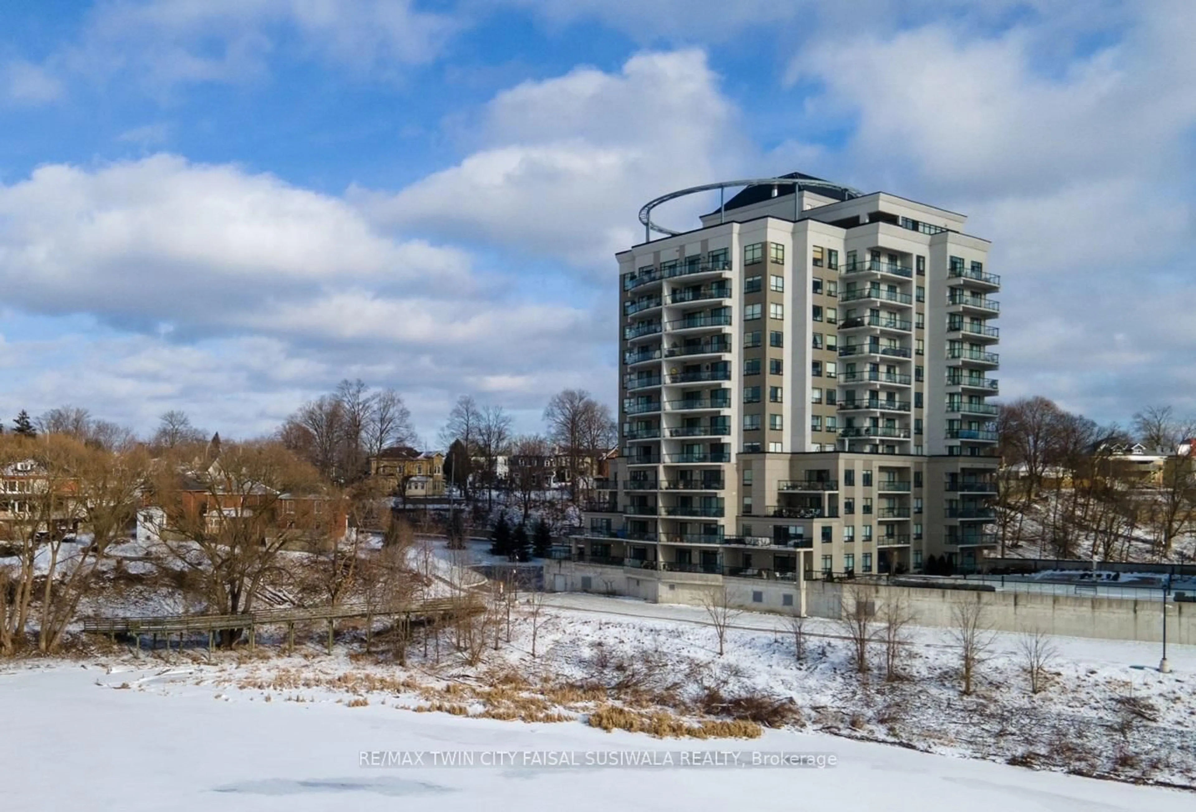 A pic from outside/outdoor area/front of a property/back of a property/a pic from drone, city buildings view from balcony for 170 WATER St #1206, Cambridge Ontario N1R 3B6