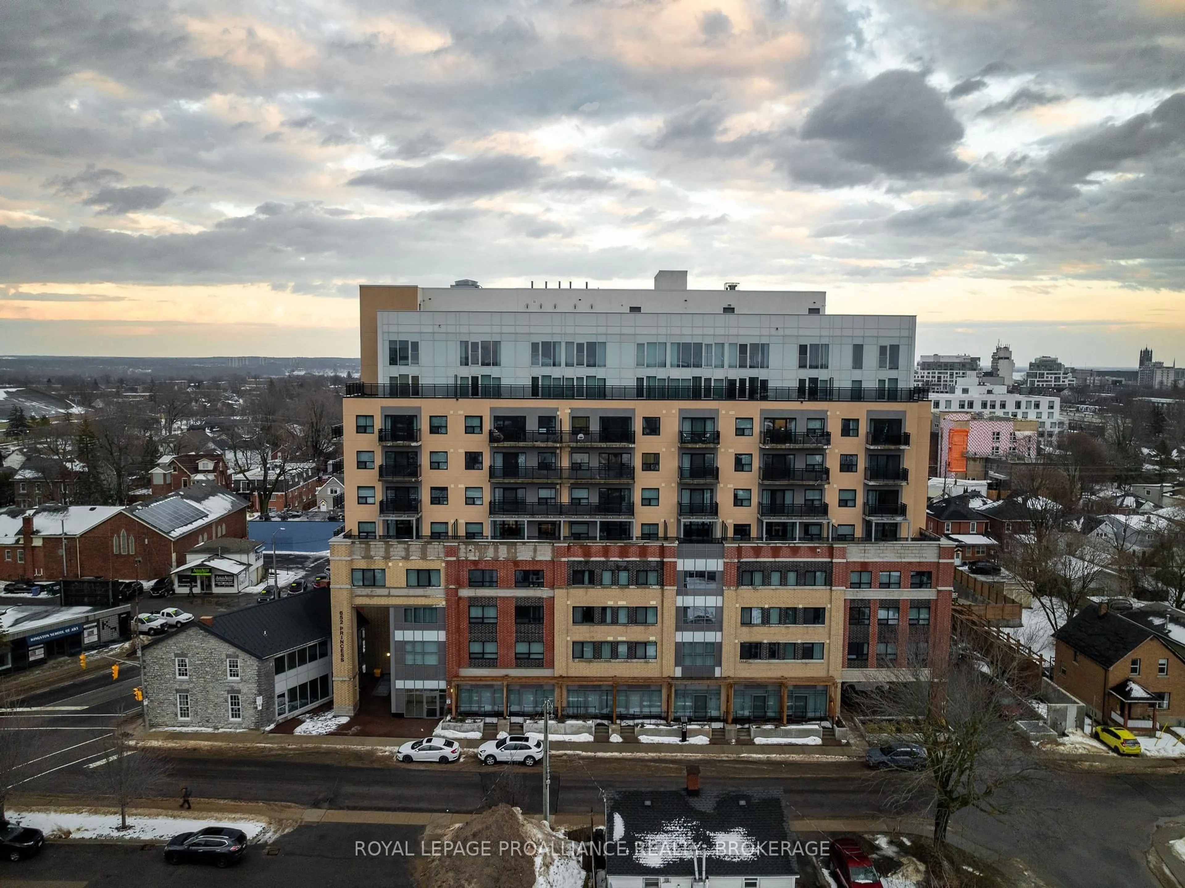 A pic from outside/outdoor area/front of a property/back of a property/a pic from drone, city buildings view from balcony for 652 Princess St #224, Kingston Ontario K7L 1E5