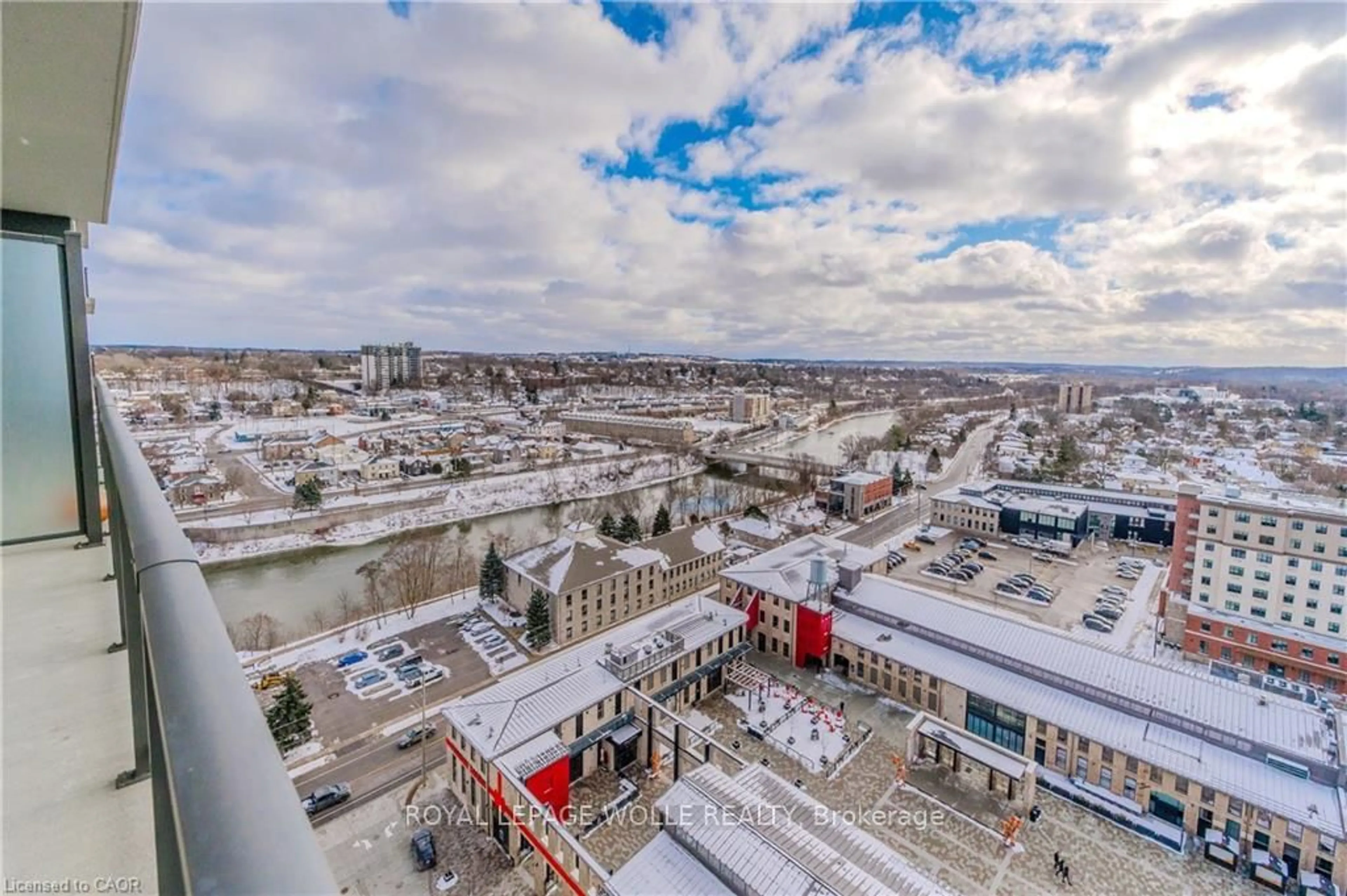 A pic from outside/outdoor area/front of a property/back of a property/a pic from drone, city buildings view from balcony for 50 Grand Ave #1604, Cambridge Ontario N1S 0C2