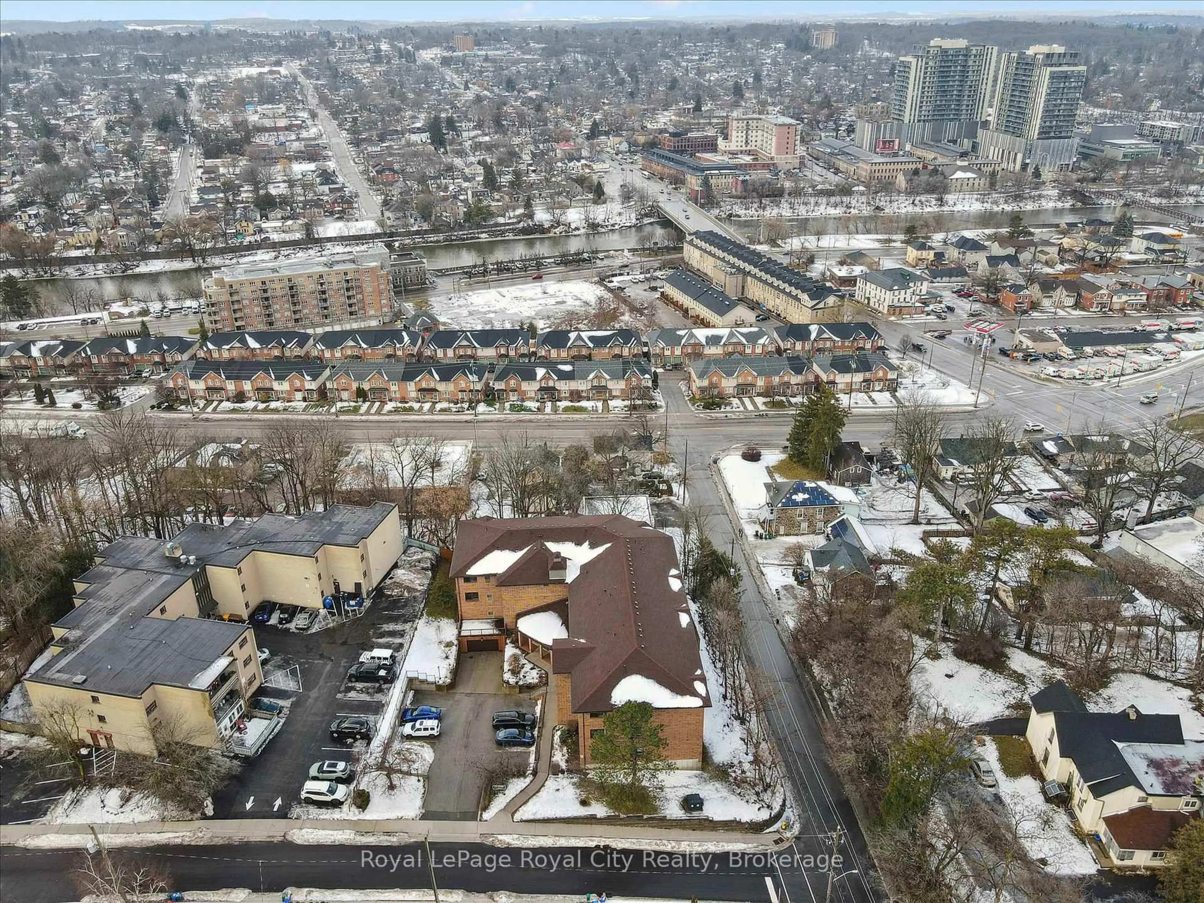 A pic from outside/outdoor area/front of a property/back of a property/a pic from drone, city buildings view from balcony for 4 Albert St #206, Cambridge Ontario N1R 3M4