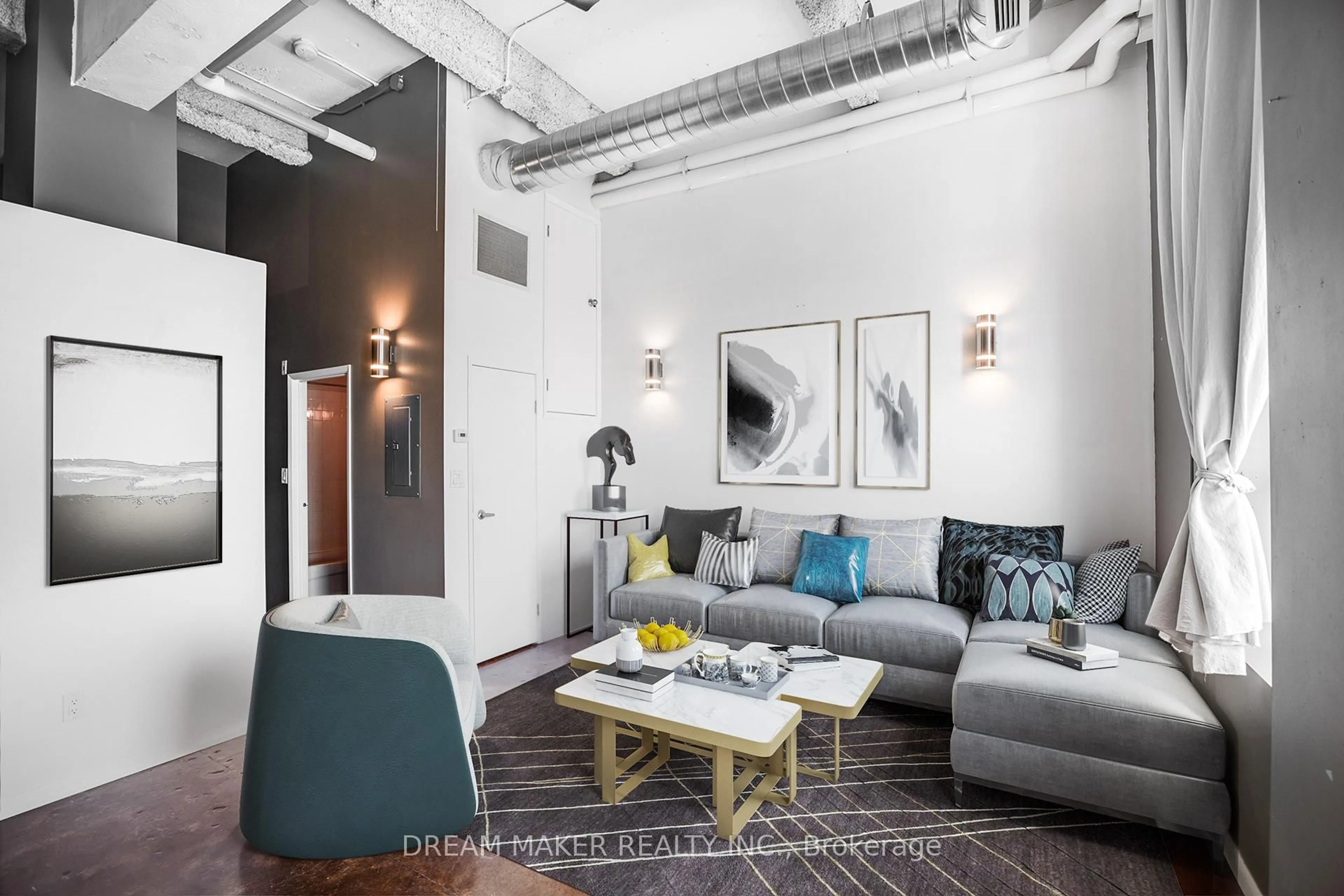 Living room with furniture, cement floor for 11 Rebecca St, Hamilton Ontario L8R 3H7