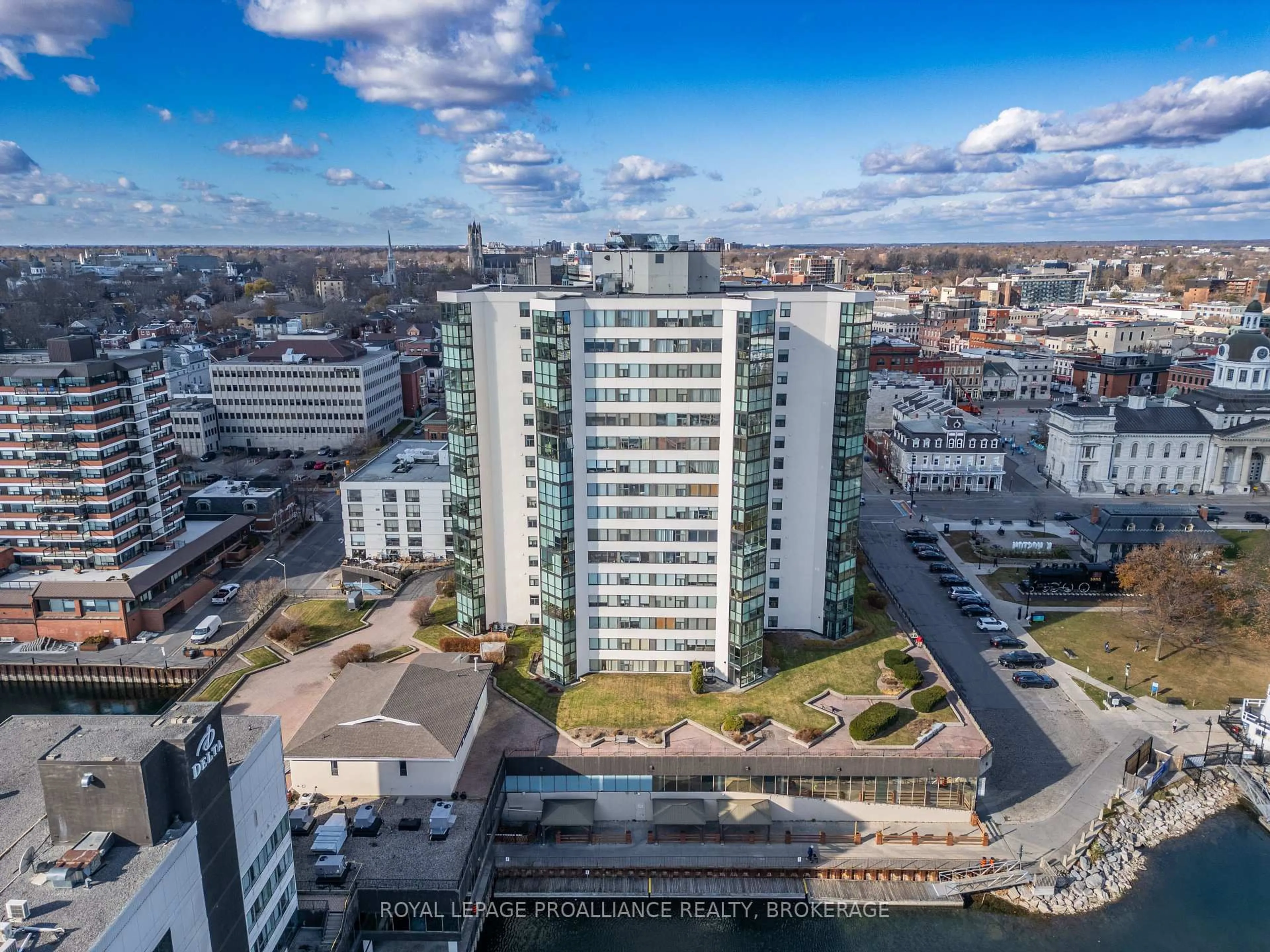 A pic from outside/outdoor area/front of a property/back of a property/a pic from drone, city buildings view from balcony for 185 Ontario St #1602, Kingston Ontario K7L 2Y7