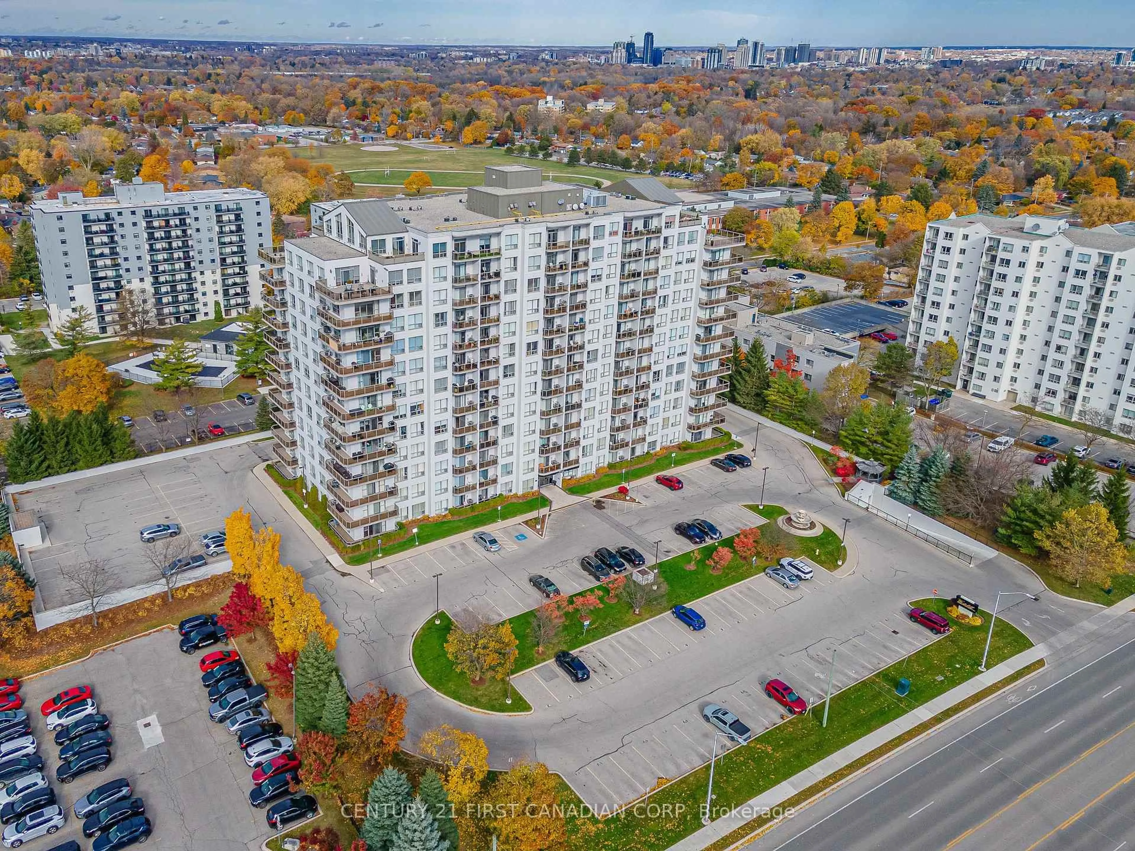 A pic from outside/outdoor area/front of a property/back of a property/a pic from drone, city buildings view from balcony for 353 Commissioners Rd #1104, London South Ontario N6J 0A3