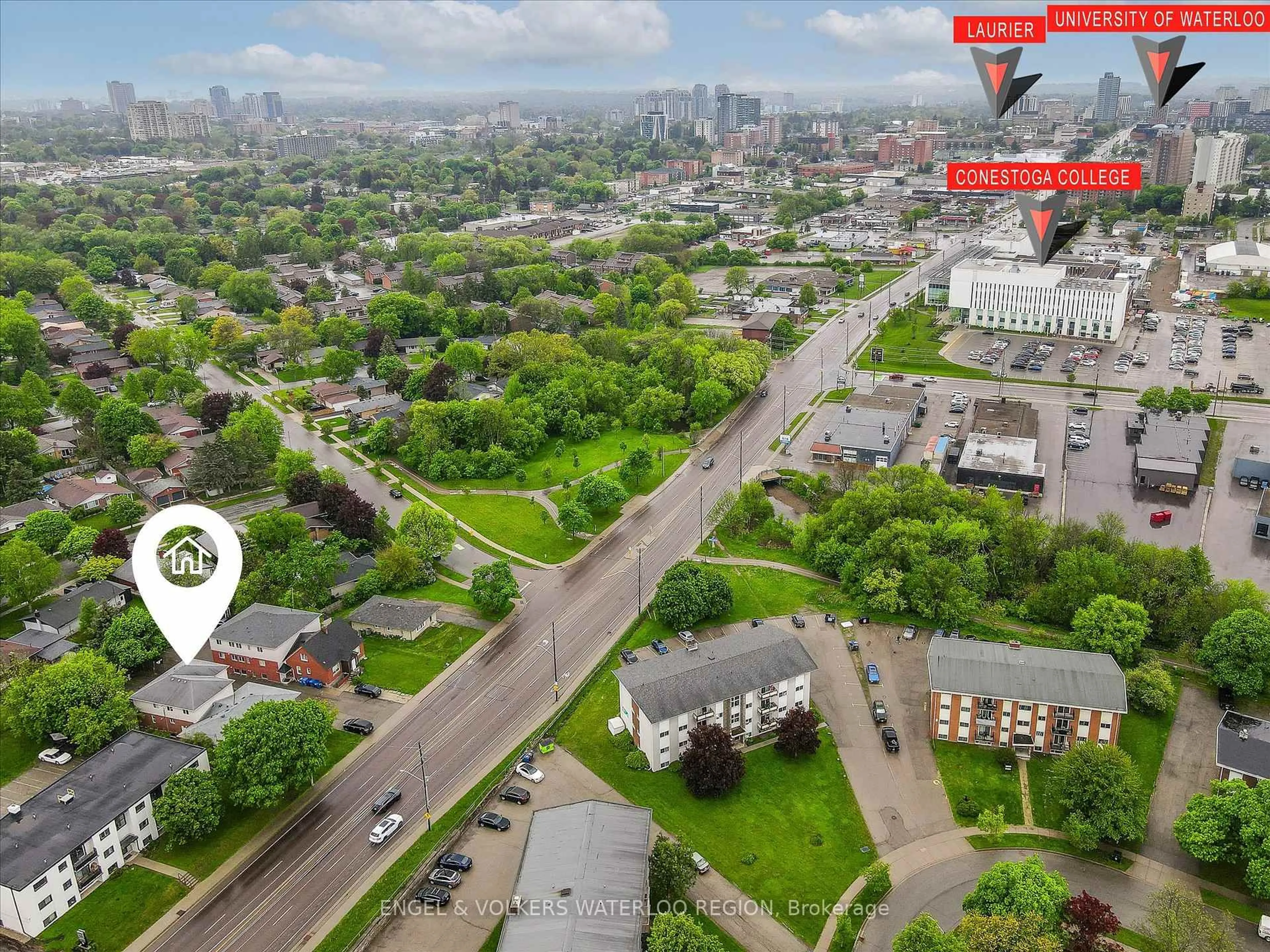 A pic from outside/outdoor area/front of a property/back of a property/a pic from drone, city buildings view from balcony for 155 University Ave, Waterloo Ontario N2J 2W4