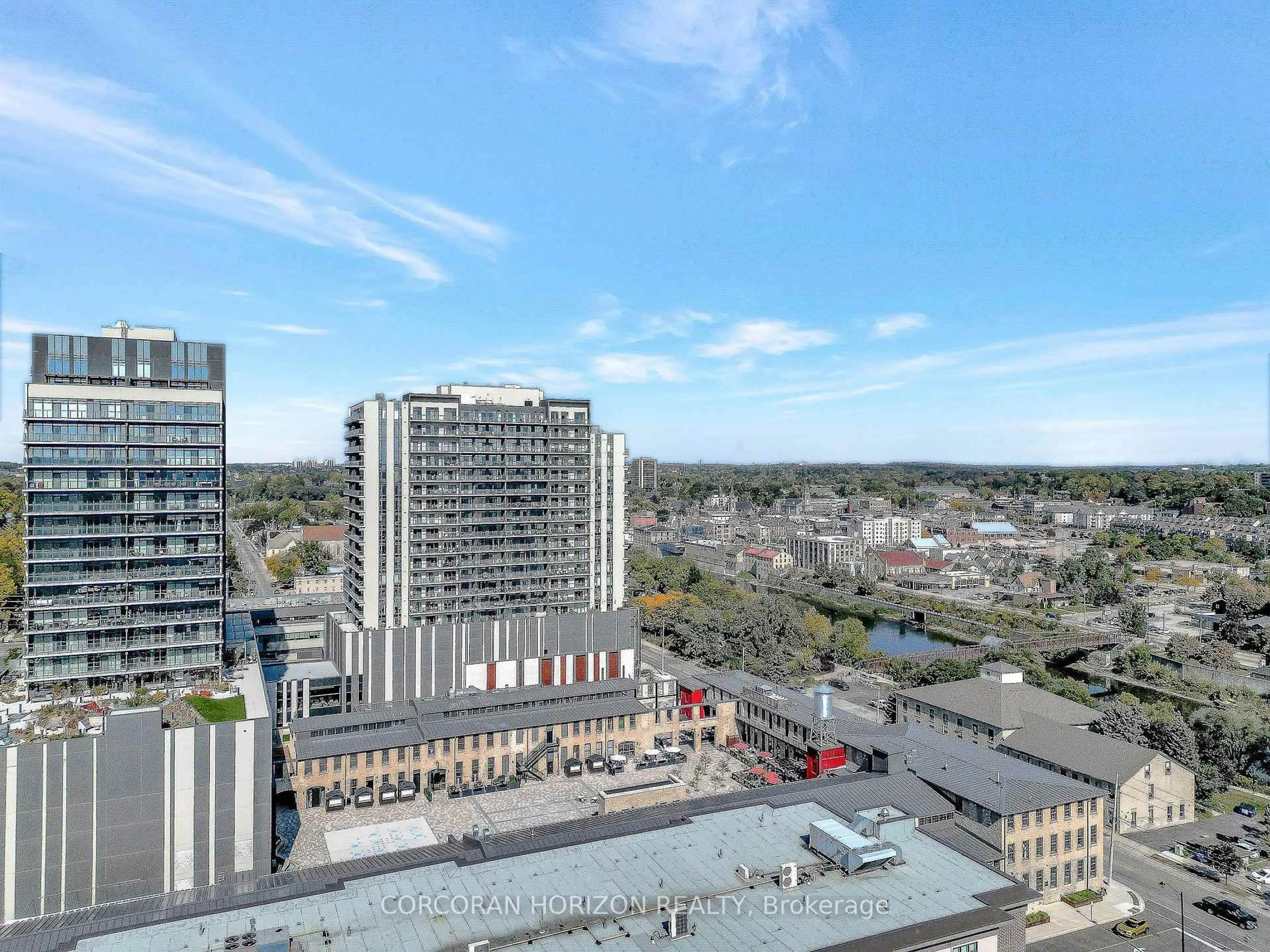 A pic from outside/outdoor area/front of a property/back of a property/a pic from drone, city buildings view from balcony for 50 Grand Ave #801, Cambridge Ontario N1S 2L8