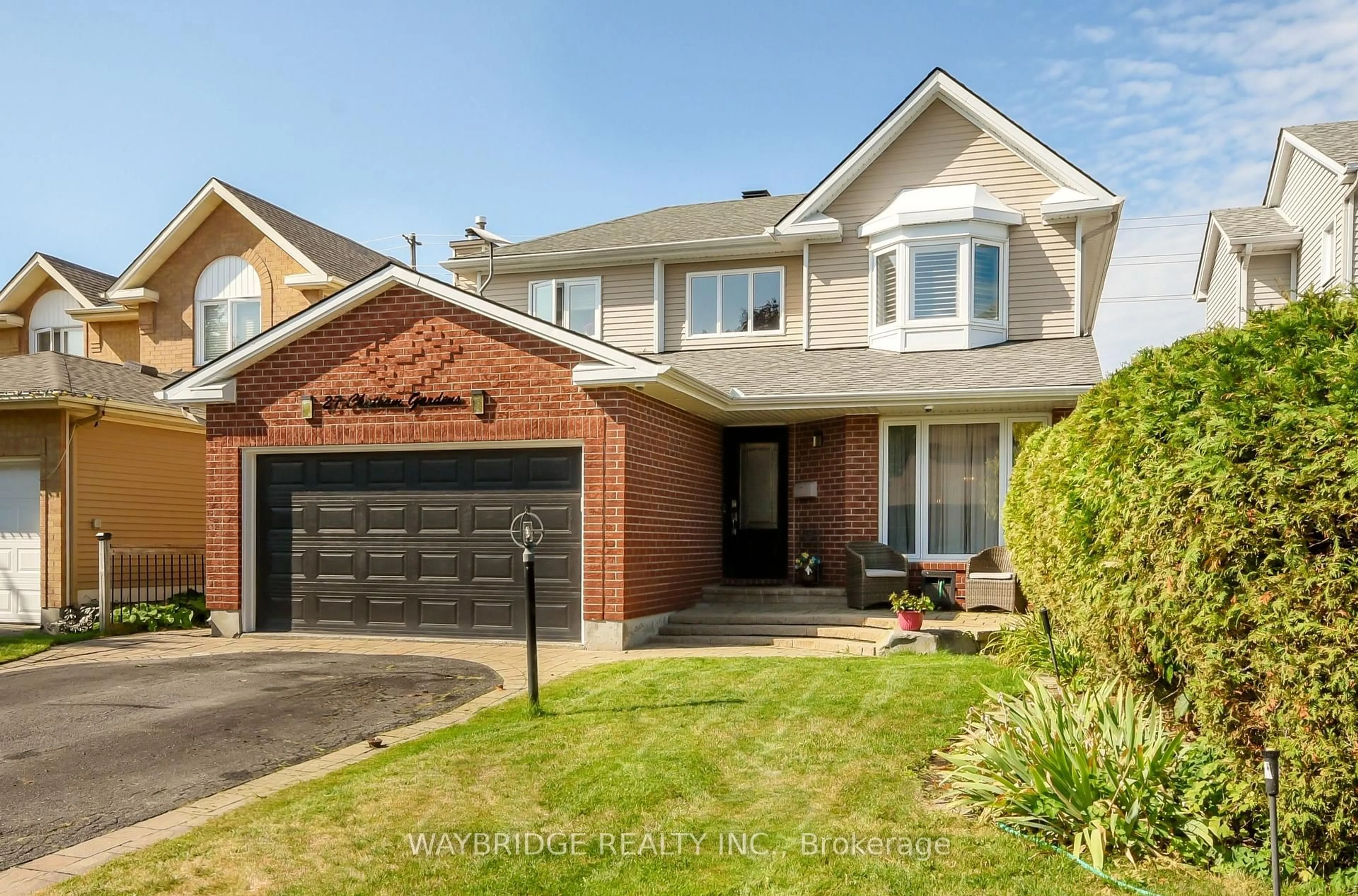 Home with brick exterior material, street for 27 Chatham Gdns, Barrhaven Ontario K2J 3M2