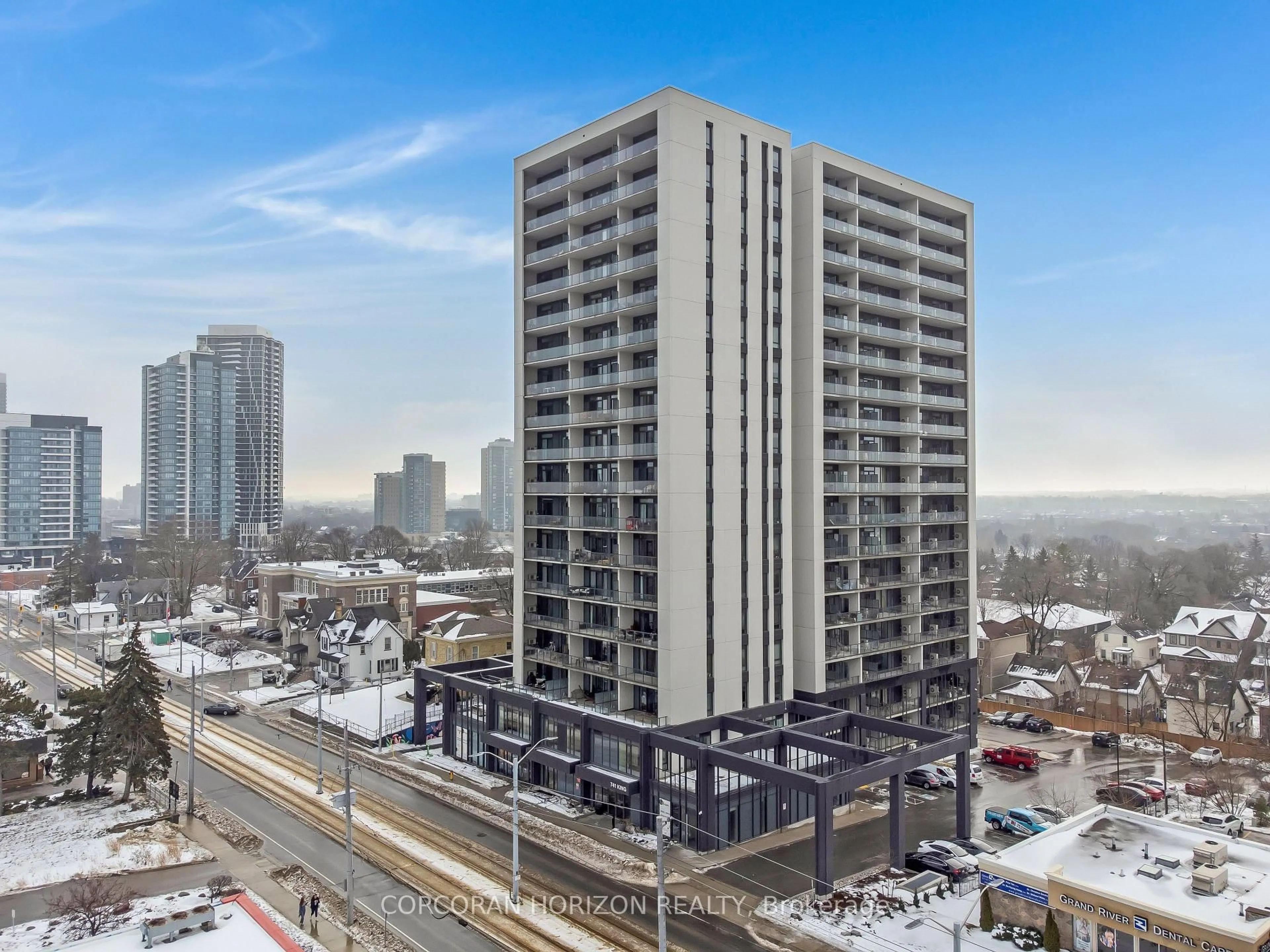 A pic from outside/outdoor area/front of a property/back of a property/a pic from drone, city buildings view from balcony for 741 King St #313, Kitchener Ontario N2G 1E5