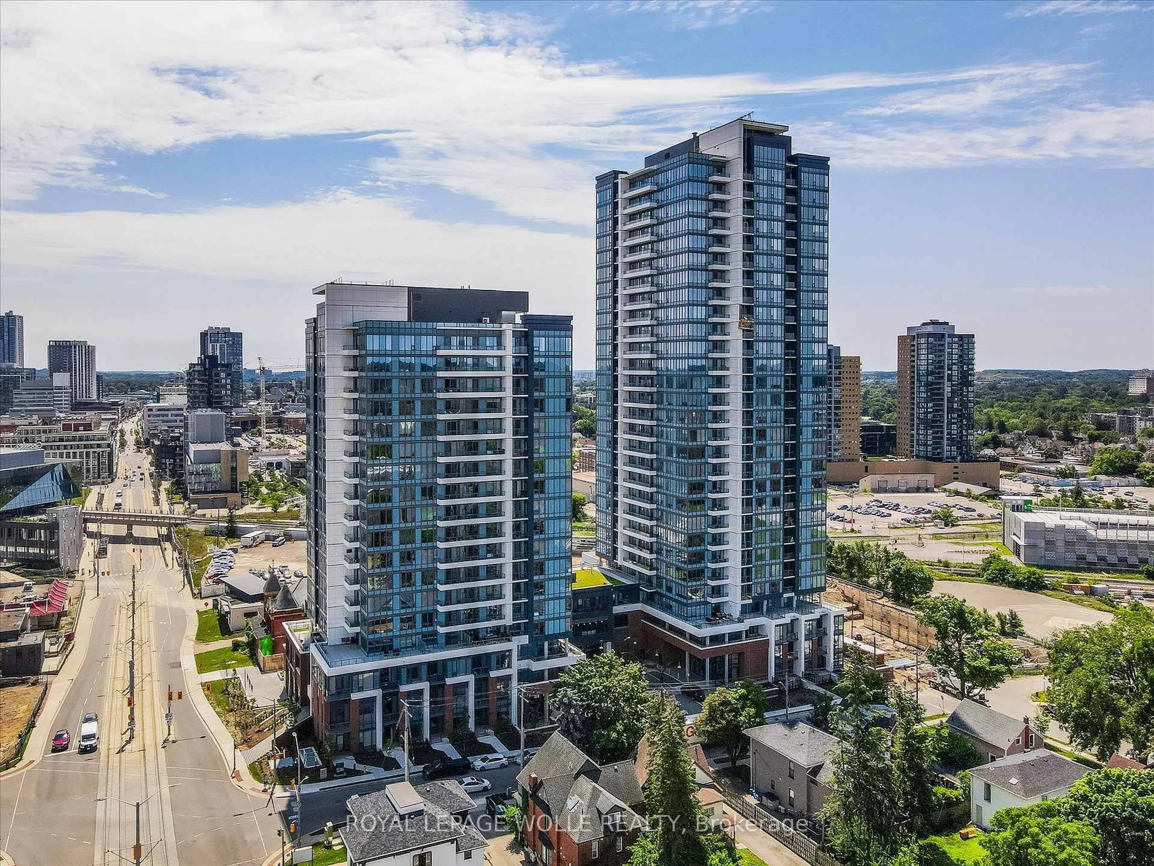 A pic from outside/outdoor area/front of a property/back of a property/a pic from drone, city buildings view from balcony for 15 Wellington St #909, Kitchener Ontario N2G 0E4