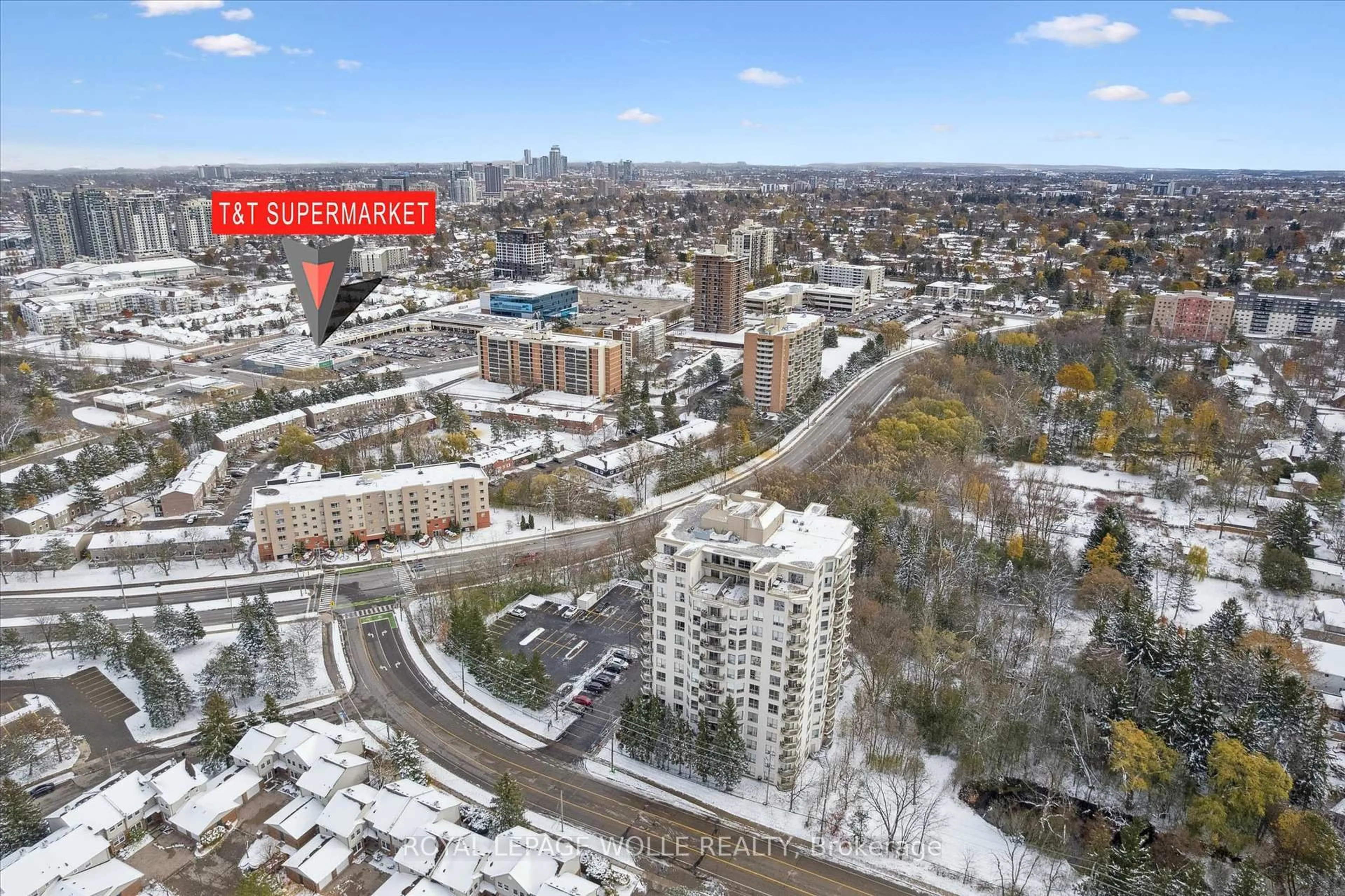 A pic from outside/outdoor area/front of a property/back of a property/a pic from drone, city buildings view from balcony for 255 Keats Way #706, Waterloo Ontario N2L 6N6